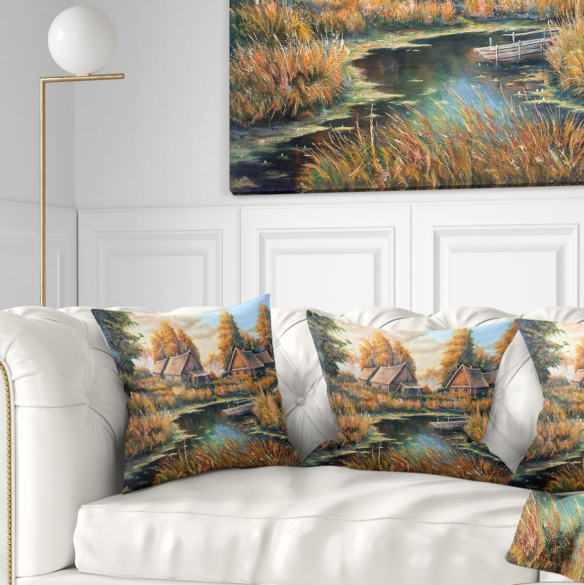 Designart Birches in Autumn Village - Landscape Printed Throw Pillow - 18x18