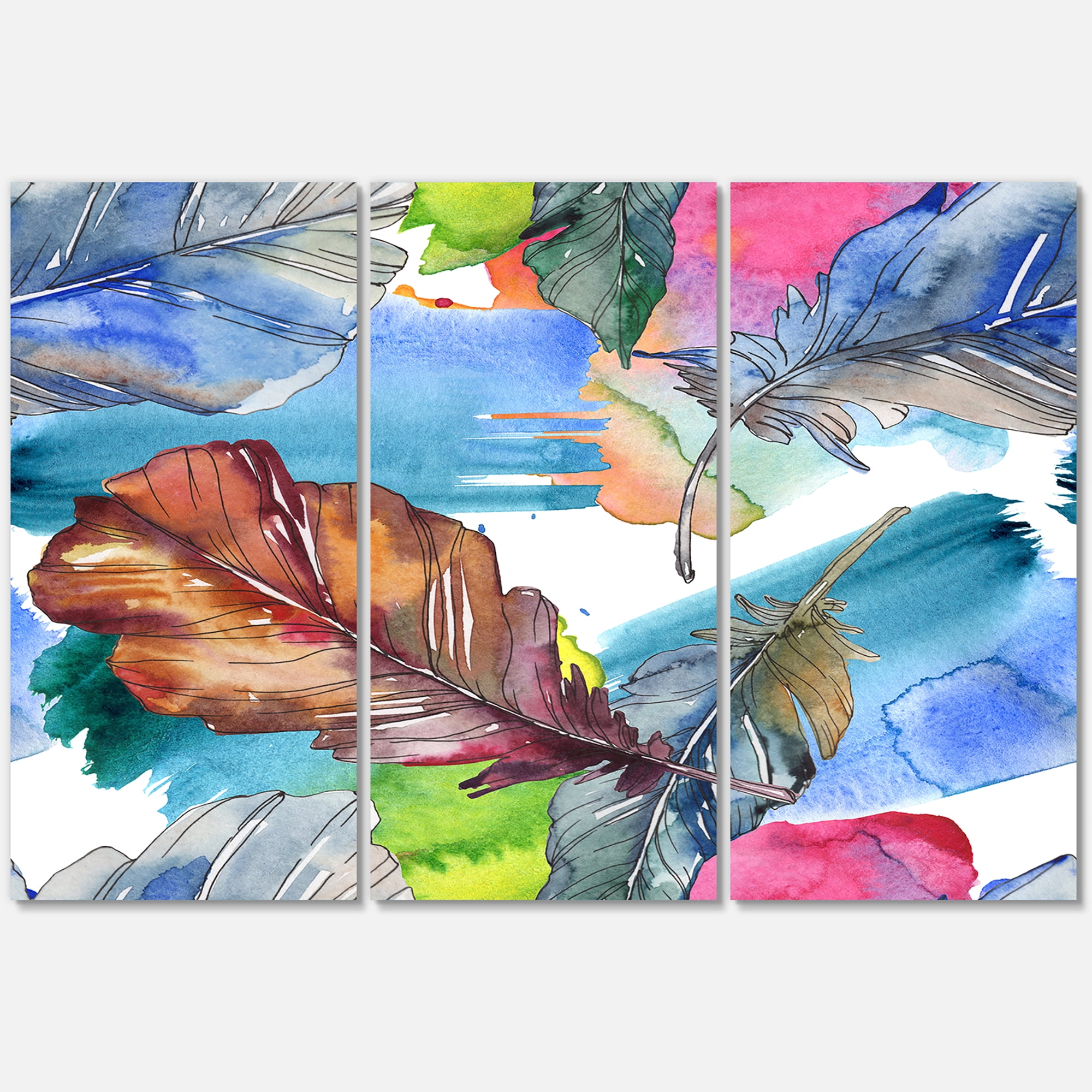 Designart ' Bird Feather In Pink and Blue ' Traditional Canvas Wall Art Print