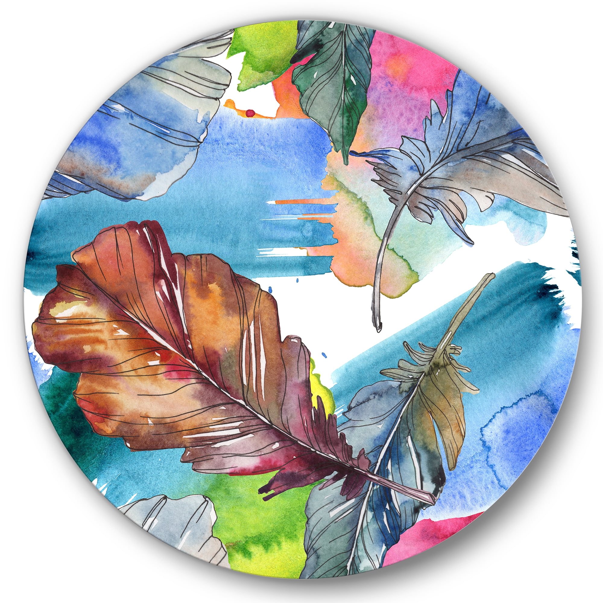 Designart 'Bird Feather In Pink and Blue' Traditional Circle Metal Wall Art 36x36 - Disc of 36