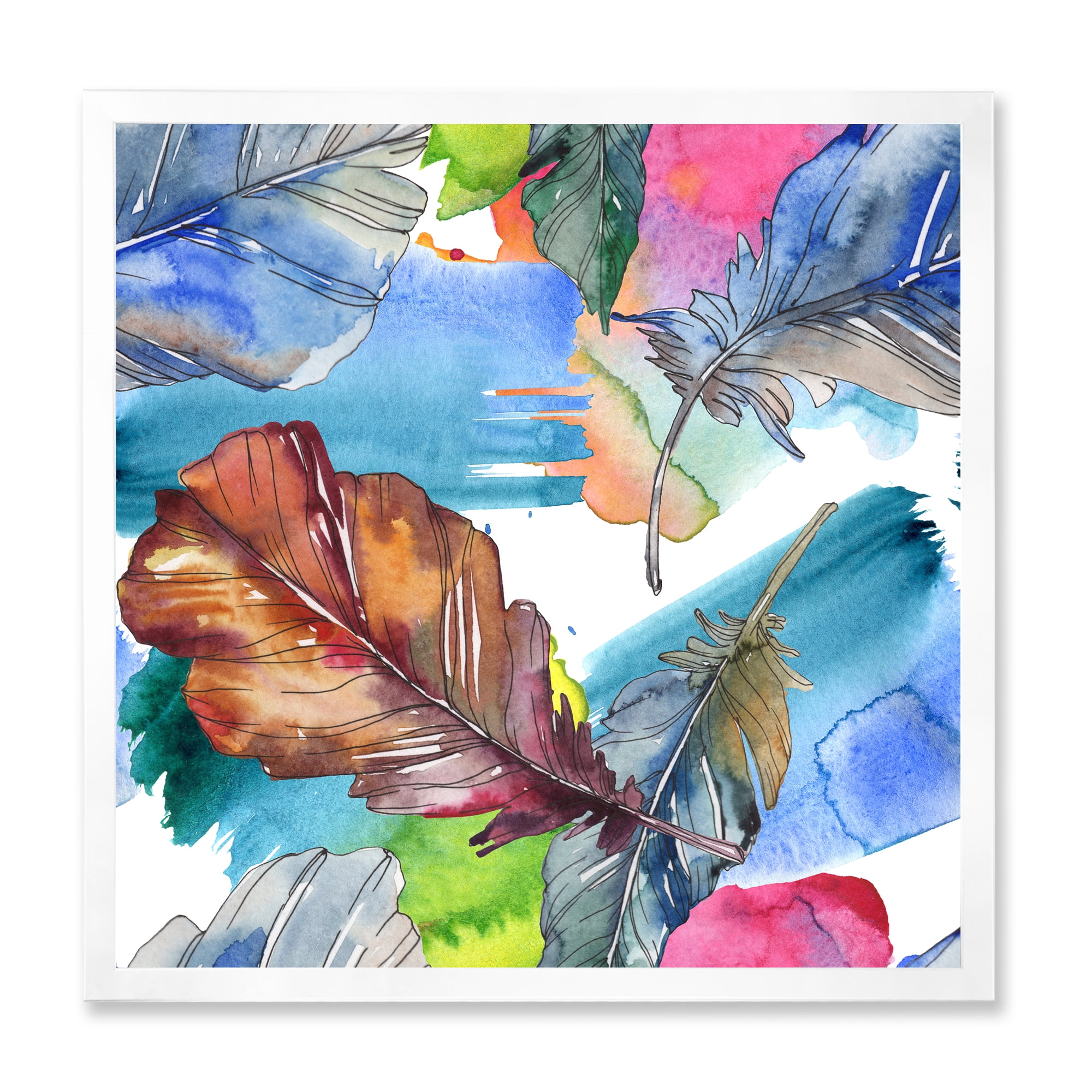 Designart 'Bird Feather In Pink and Blue' Traditional Framed Art Print