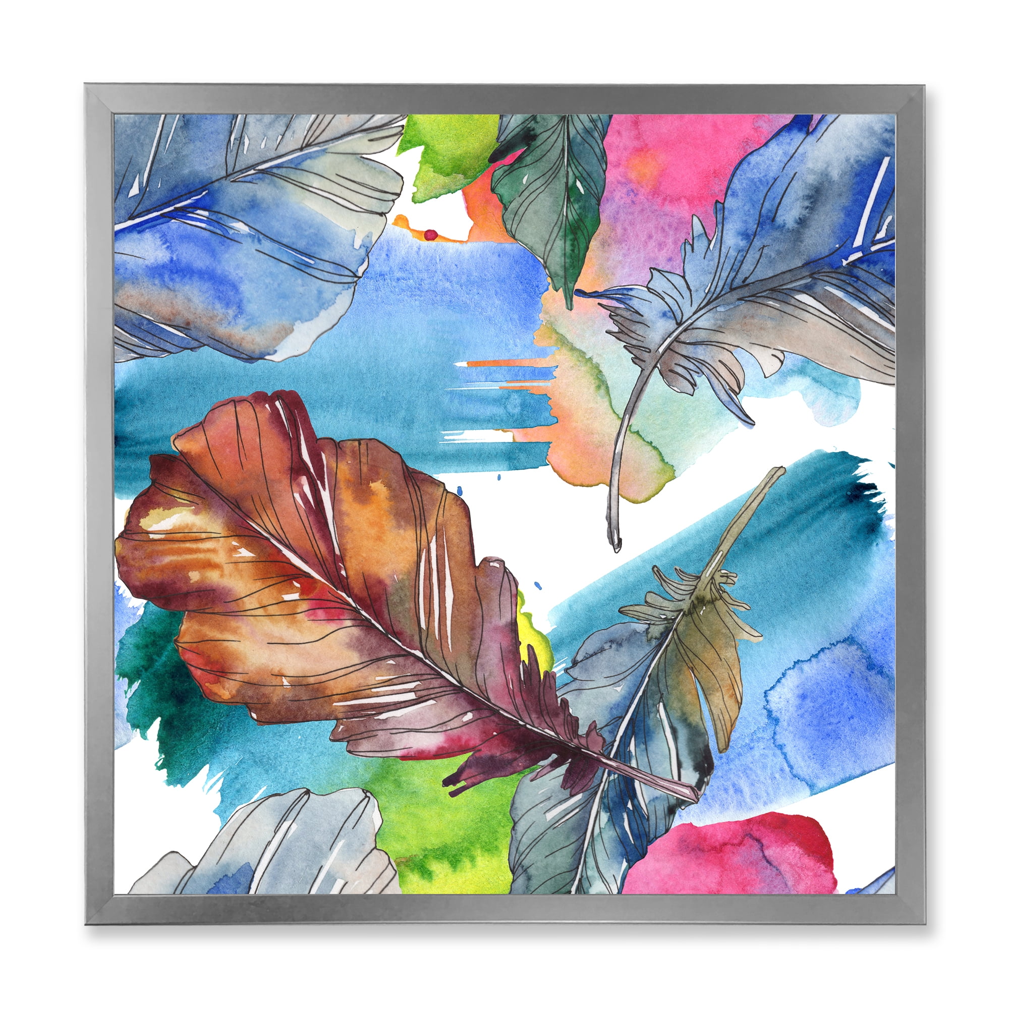 Designart 'Bird Feather In Pink and Blue' Traditional Framed Art Print