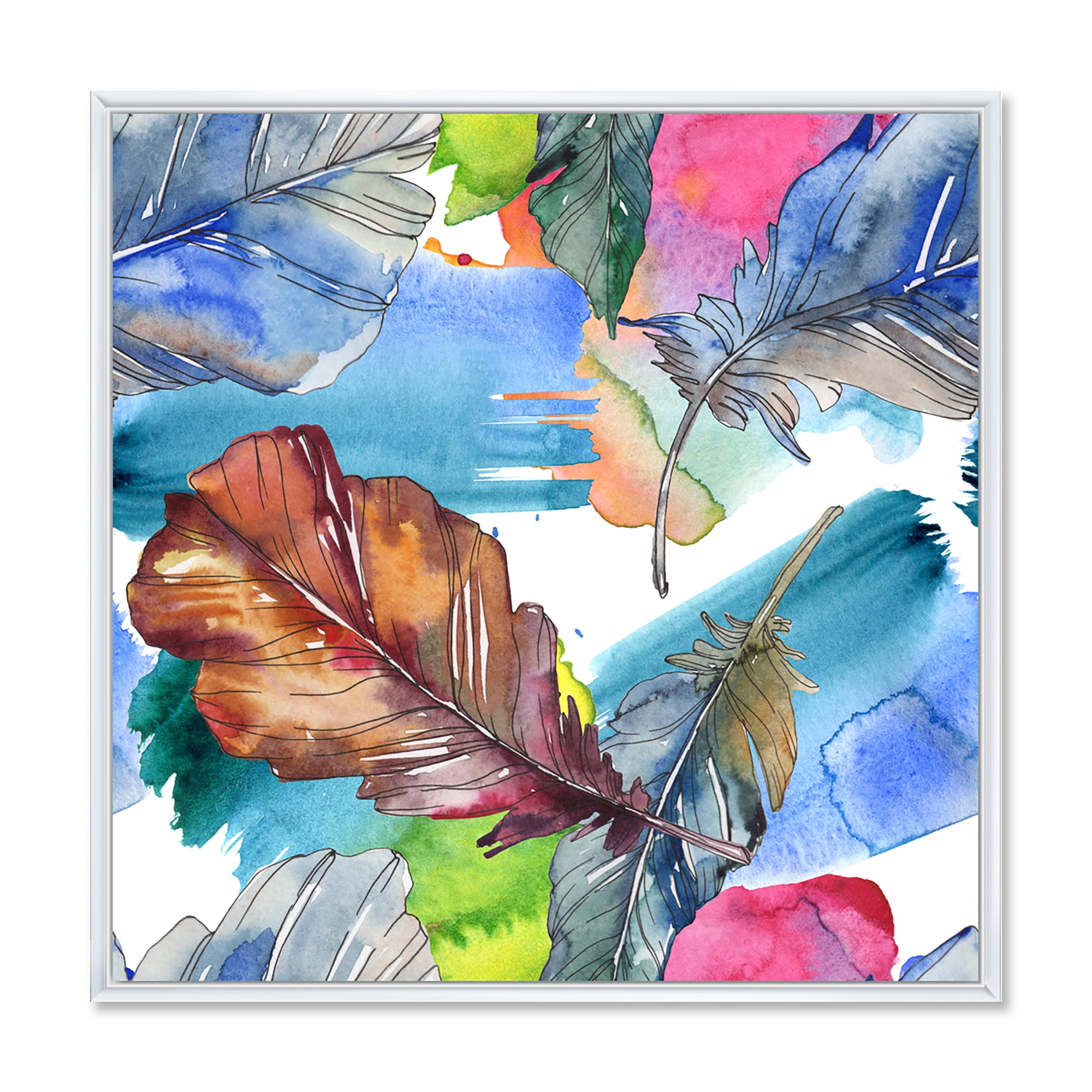 Designart 'Bird Feather In Pink and Blue' Traditional Framed Canvas Wall Art Print