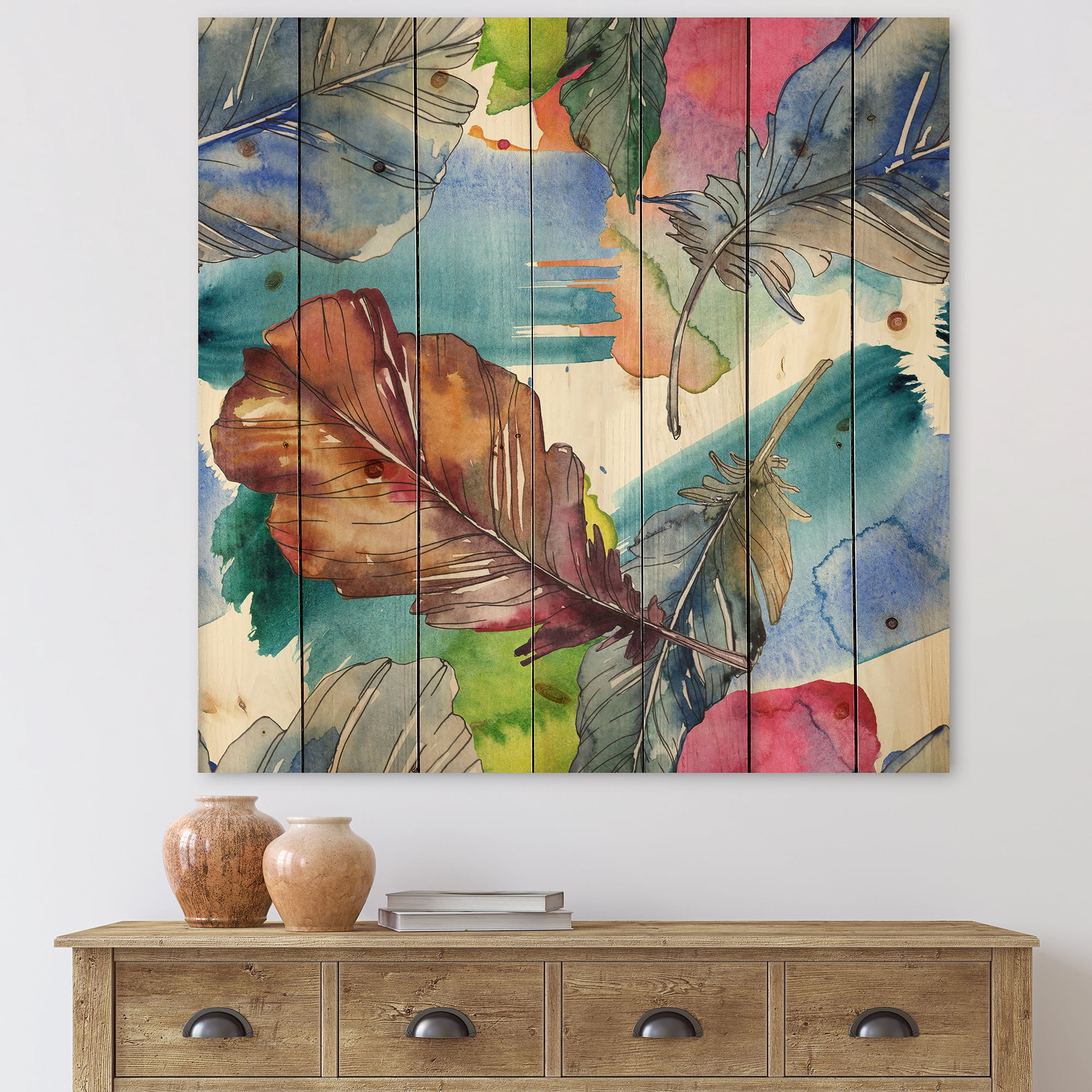 Designart 'Bird Feather In Pink and Blue' Traditional Print on Natural Pine Wood