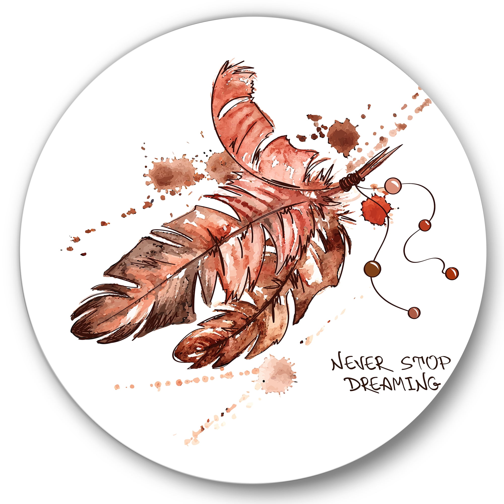 Designart 'Bird Feathers In Earth Tones Never Stop Dreaming' Bohemian & Eclectic Circle Metal Wall Art 23x23 - Disc of 23