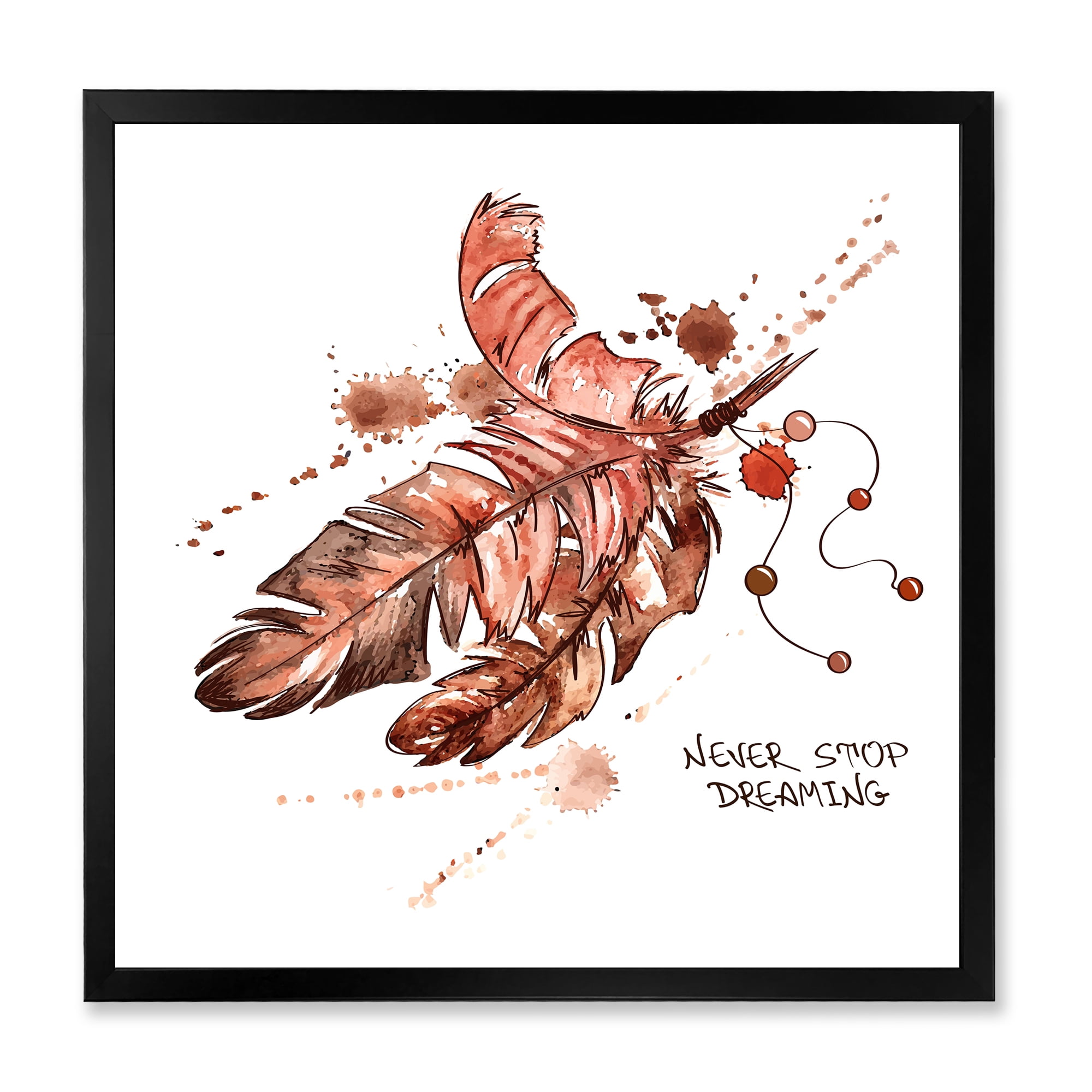 Designart 'Bird Feathers In Earth Tones Never Stop Dreaming' Bohemian & Eclectic Framed Art Print