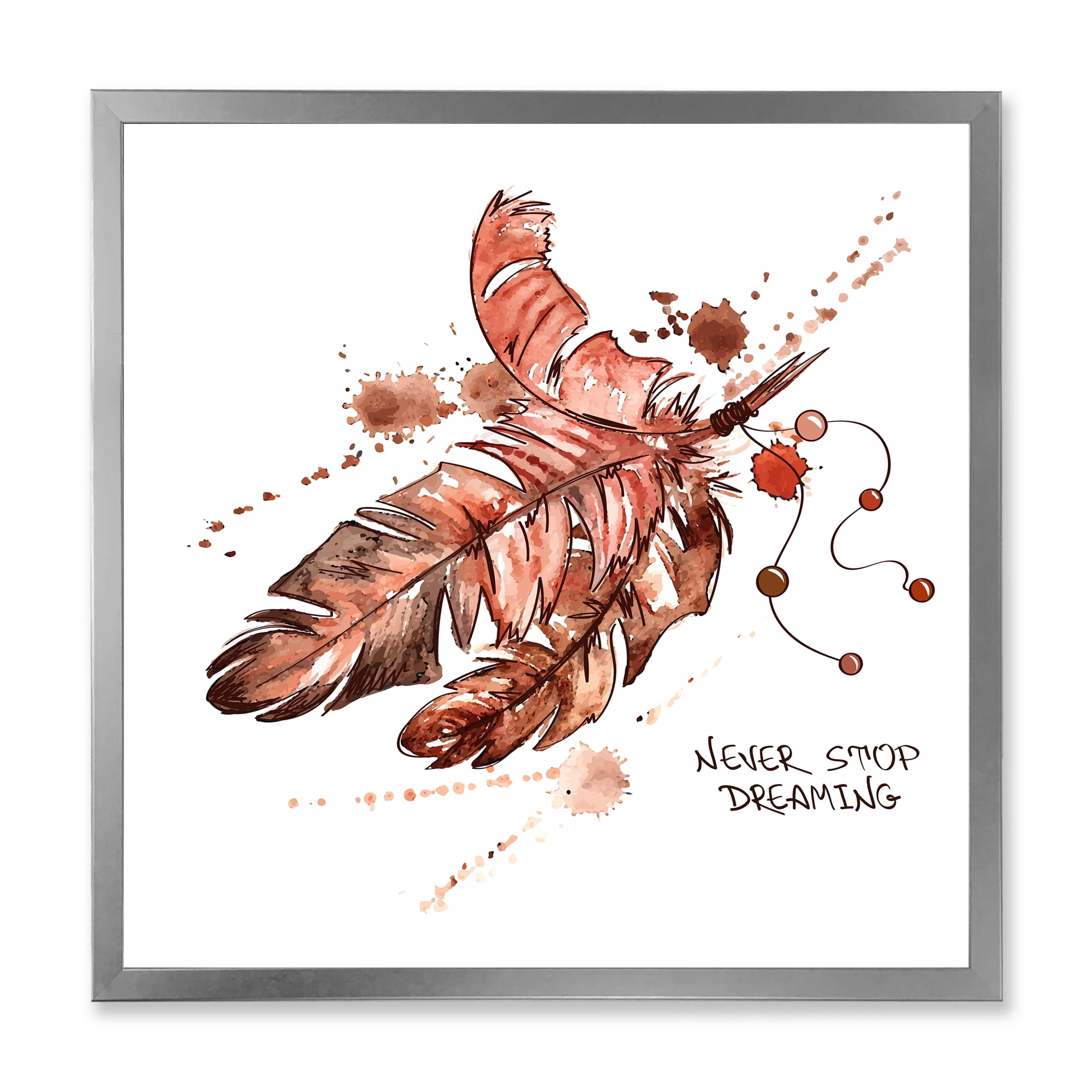 Designart 'Bird Feathers In Earth Tones Never Stop Dreaming' Bohemian & Eclectic Framed Art Print
