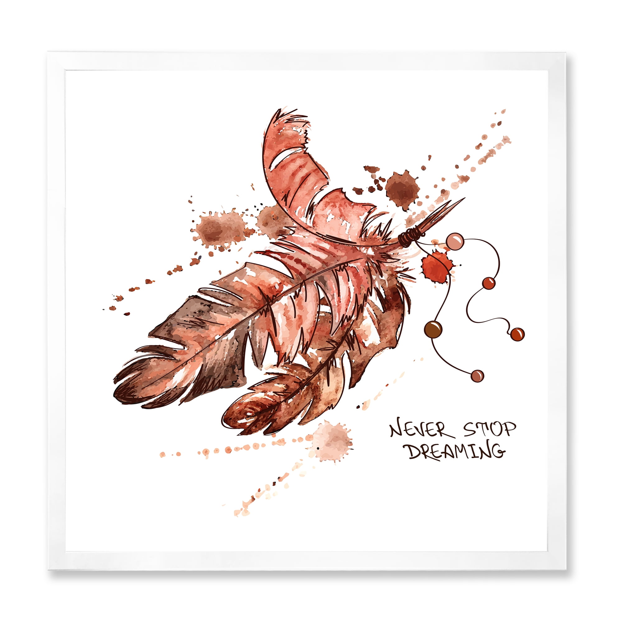 Designart 'Bird Feathers In Earth Tones Never Stop Dreaming' Bohemian & Eclectic Framed Art Print