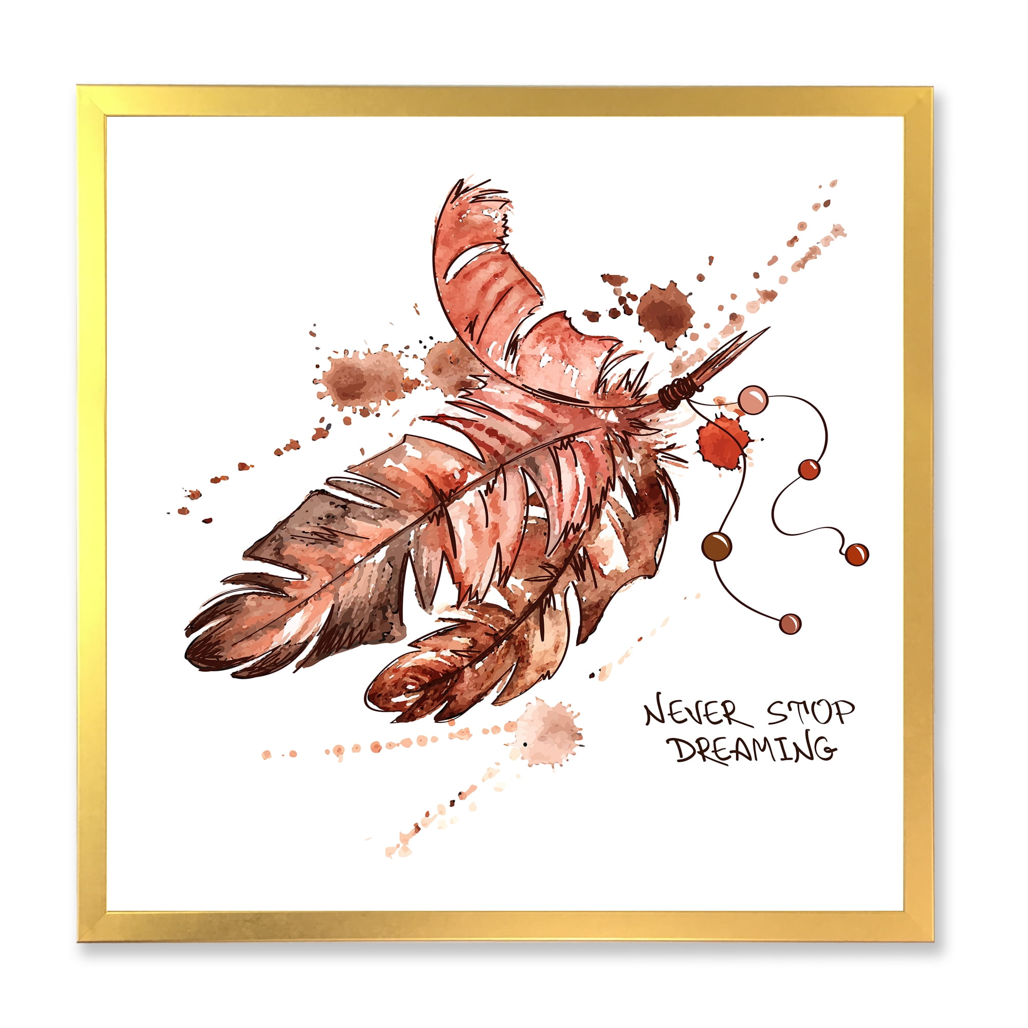 Designart 'Bird Feathers In Earth Tones Never Stop Dreaming' Bohemian & Eclectic Framed Art Print