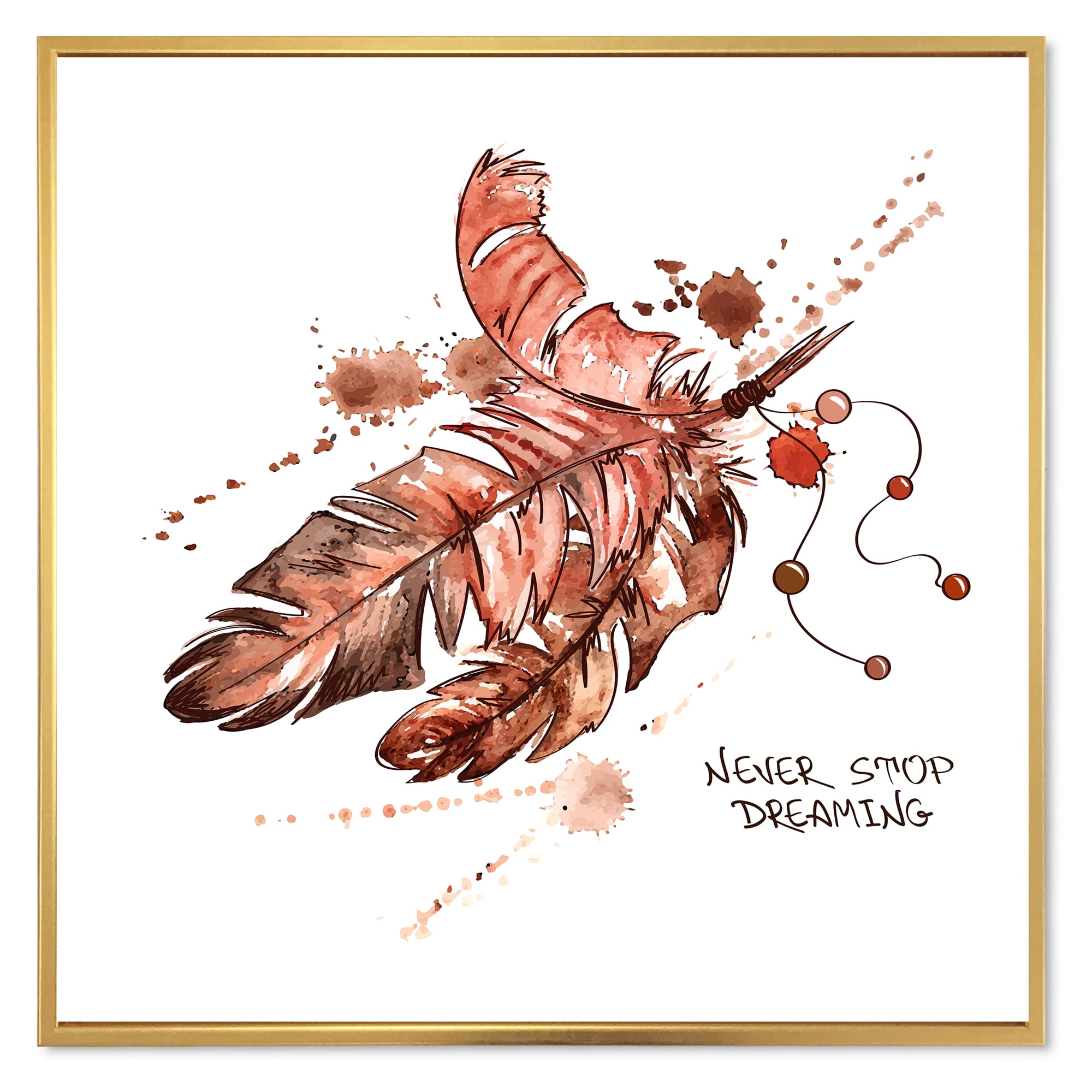 Designart 'Bird Feathers In Earth Tones Never Stop Dreaming' Bohemian & Eclectic Framed Canvas Wall Art Print