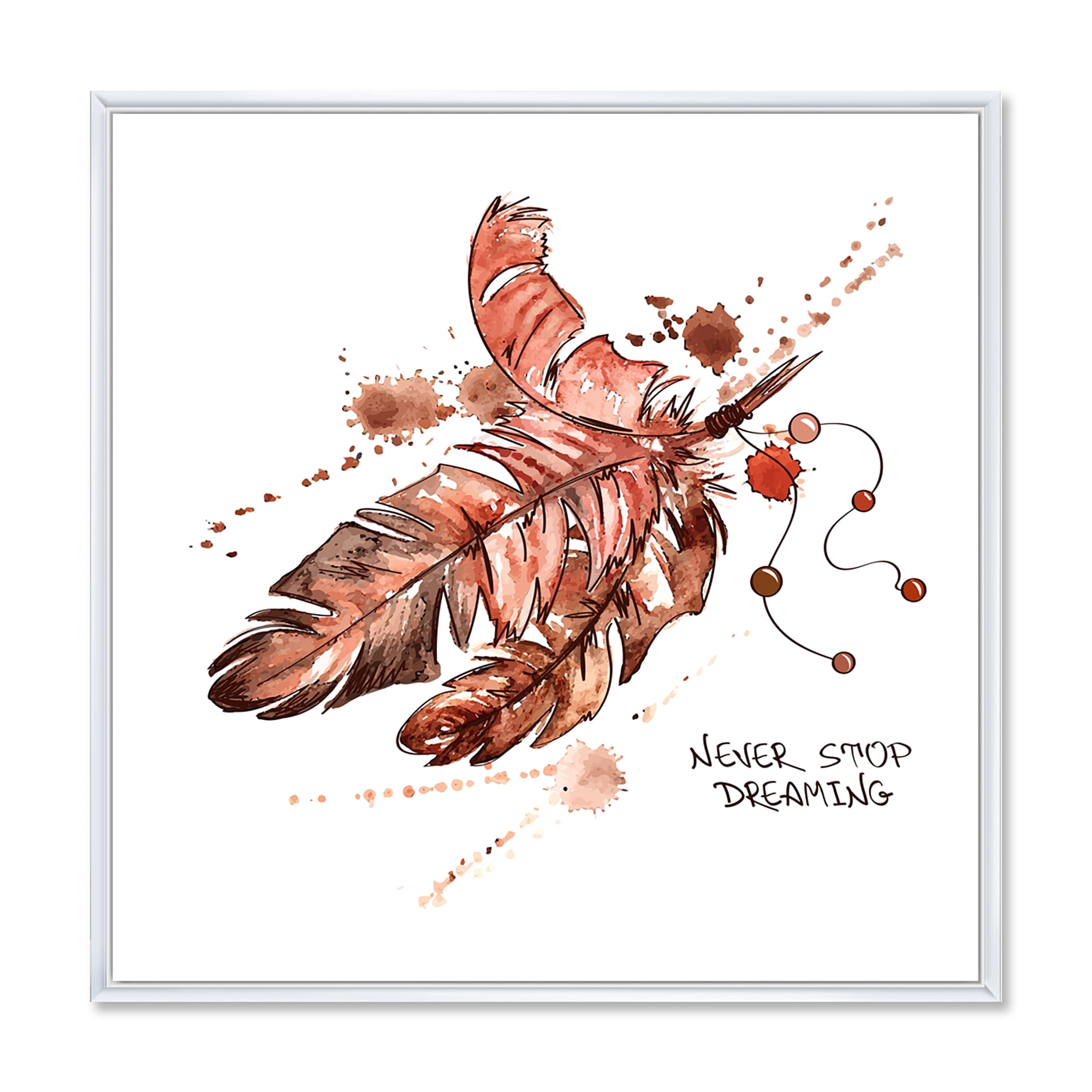 Designart 'Bird Feathers In Earth Tones Never Stop Dreaming' Bohemian & Eclectic Framed Canvas Wall Art Print