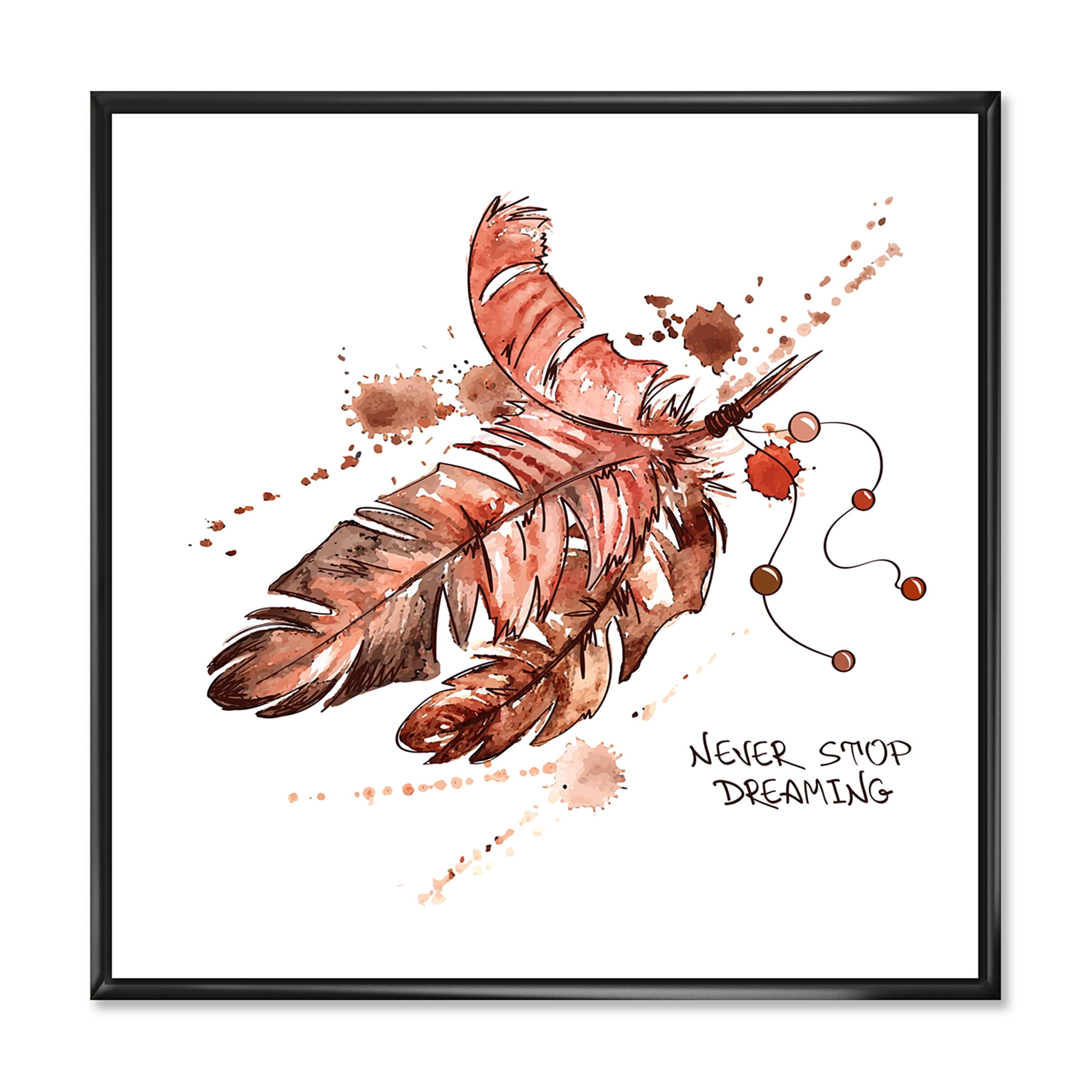 Designart 'Bird Feathers In Earth Tones Never Stop Dreaming' Bohemian & Eclectic Framed Canvas Wall Art Print