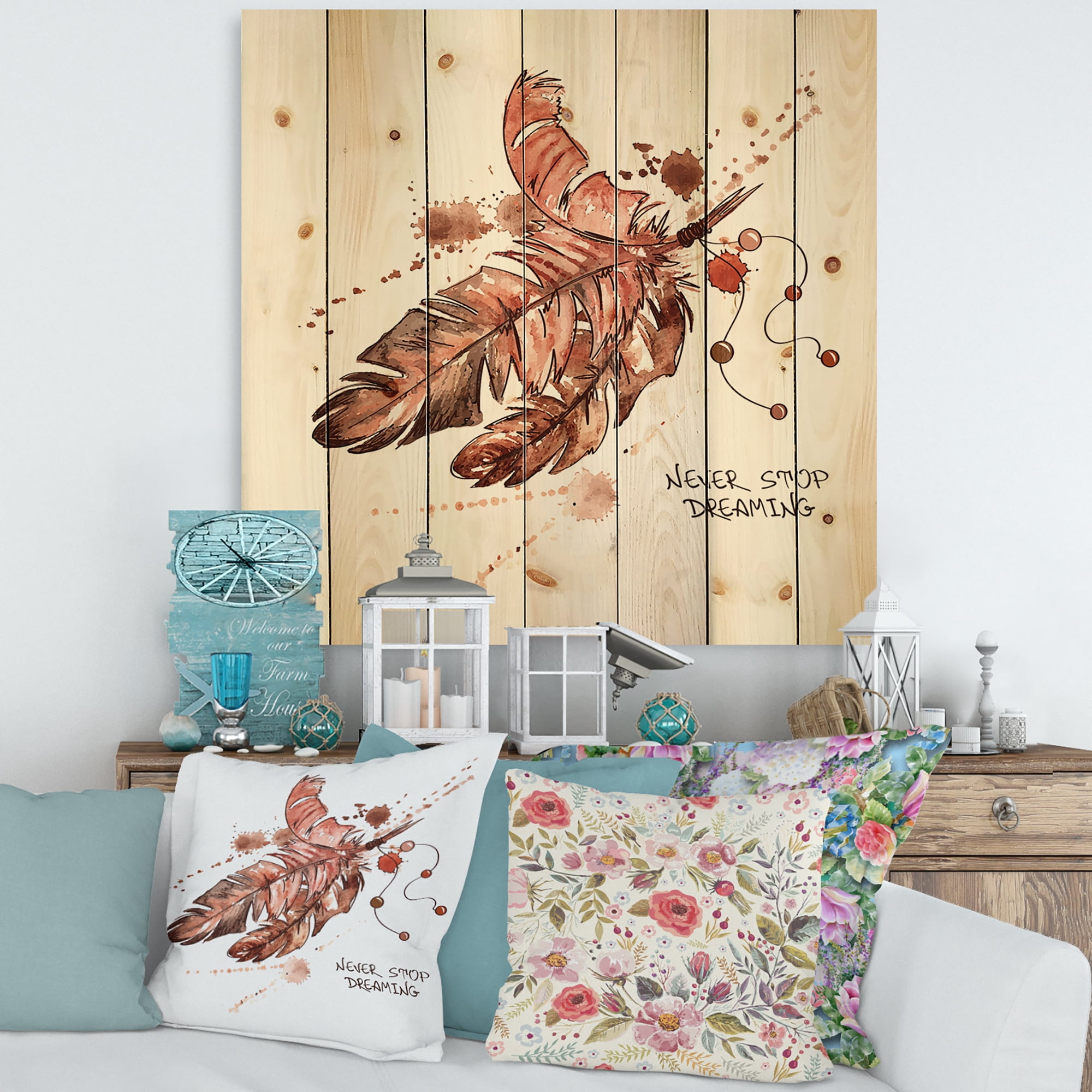 Designart 'Bird Feathers In Earth Tones Never Stop Dreaming' Bohemian & Eclectic Print on Natural Pine Wood