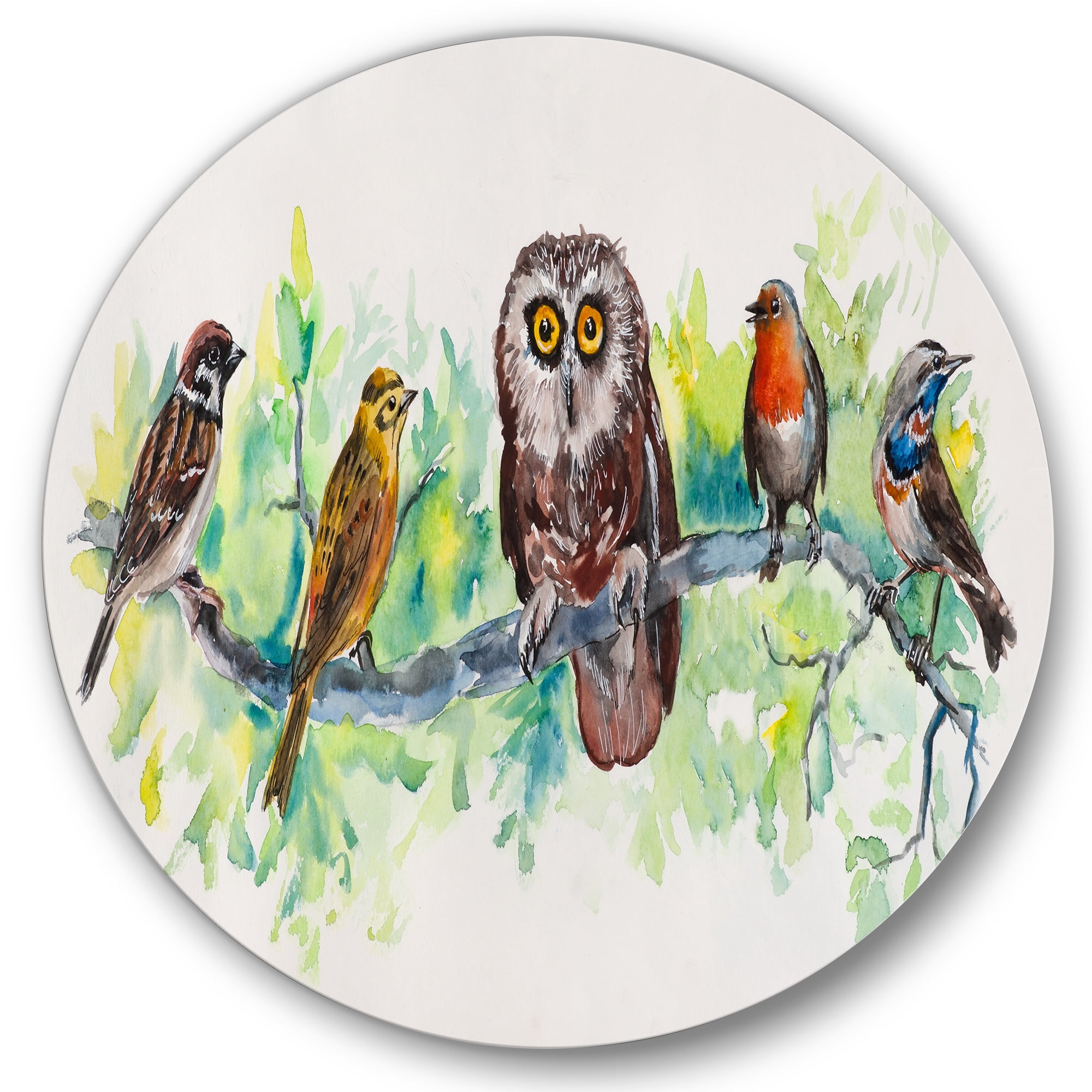 Designart 'Bird Friends With Owl On A Branch' Traditional Circle Metal Wall Art 29x29 - Disc of 29