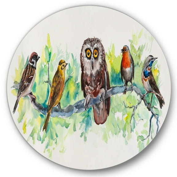 Designart 'Bird Friends With Owl On A Branch' Traditional Circle Metal Wall Art 36x36 - Disc of 36
