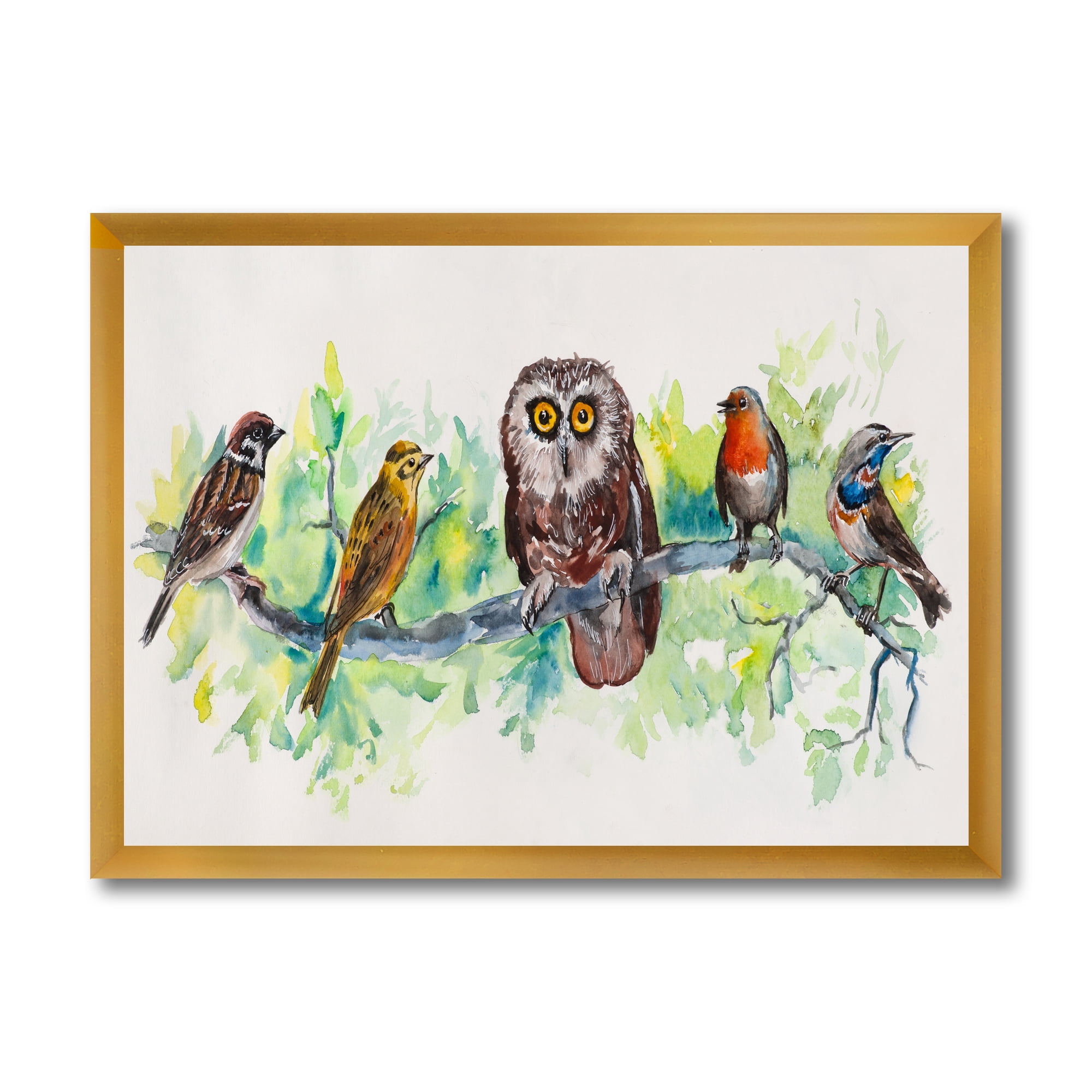 Designart 'Bird Friends With Owl On A Branch' Traditional Framed Art Print