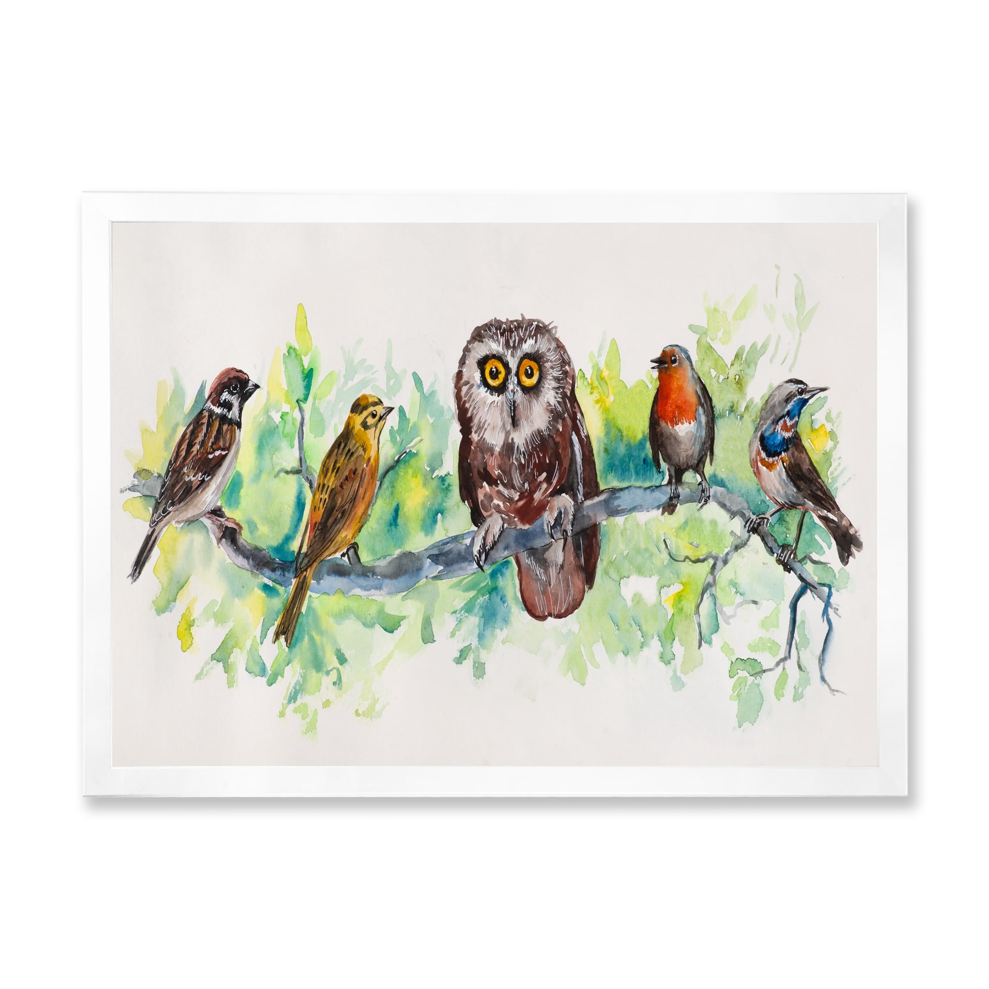 Designart 'Bird Friends With Owl On A Branch' Traditional Framed Art Print