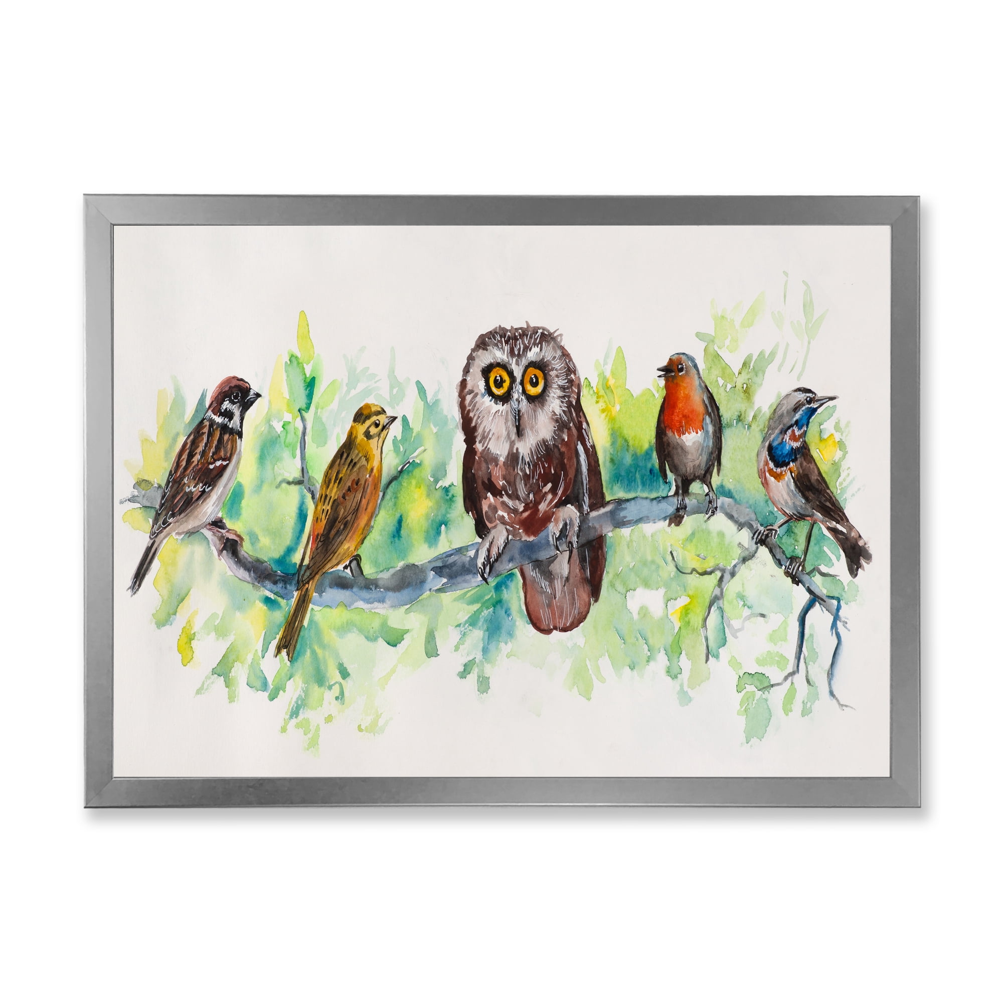 Designart 'Bird Friends With Owl On A Branch' Traditional Framed Art Print