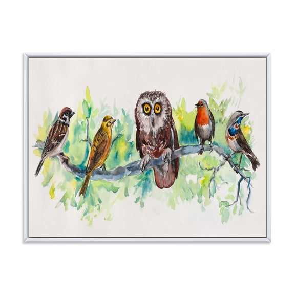 Designart 'Bird Friends With Owl On A Branch' Traditional Framed Canvas Wall Art Print