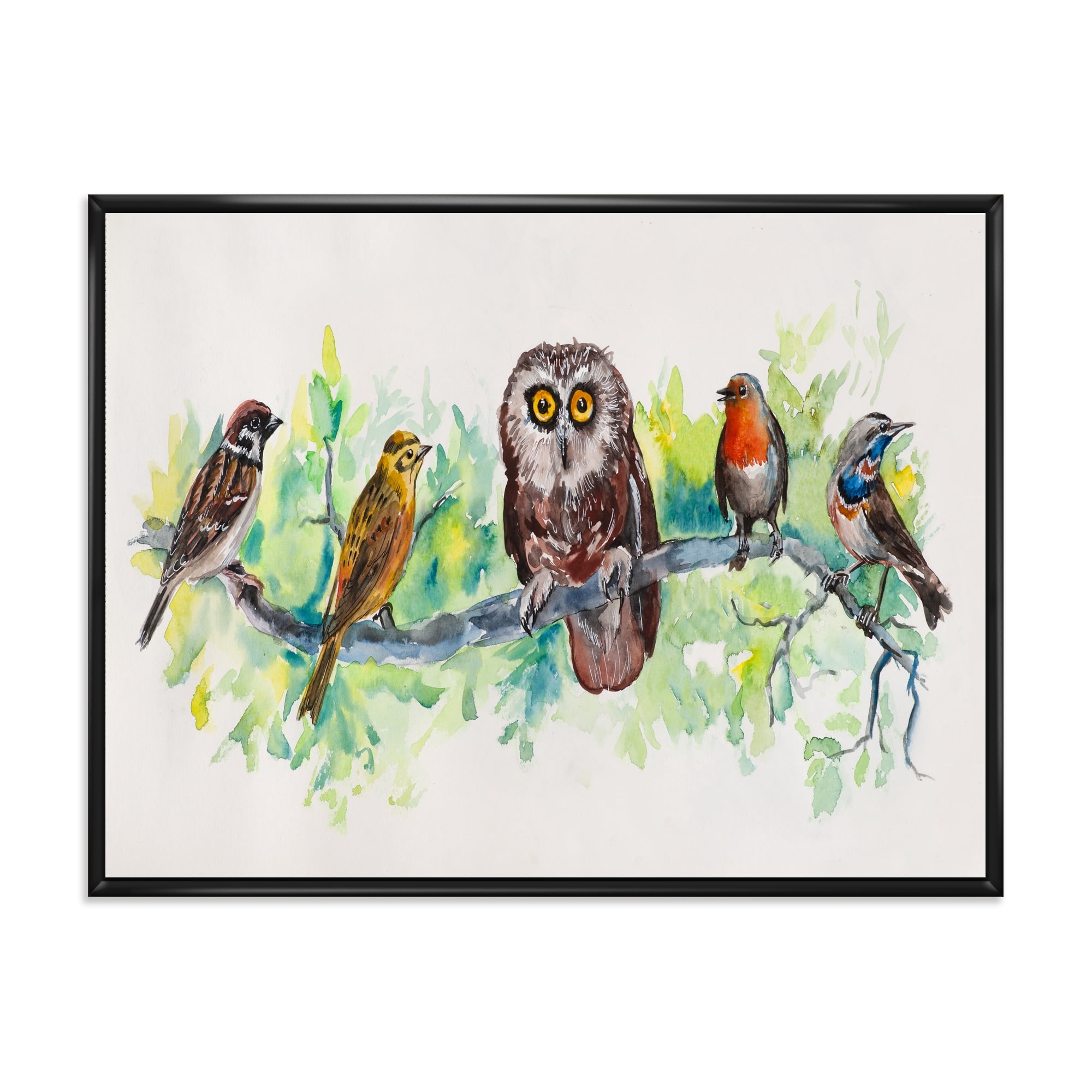 Designart 'Bird Friends With Owl On A Branch' Traditional Framed Canvas Wall Art Print