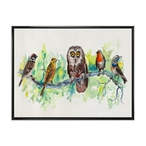 Designart 'Bird Friends With Owl On A Branch' Traditional Framed Canvas Wall Art Print