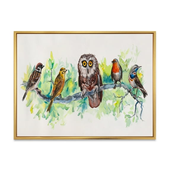 Designart 'Bird Friends With Owl On A Branch' Traditional Framed Canvas Wall Art Print