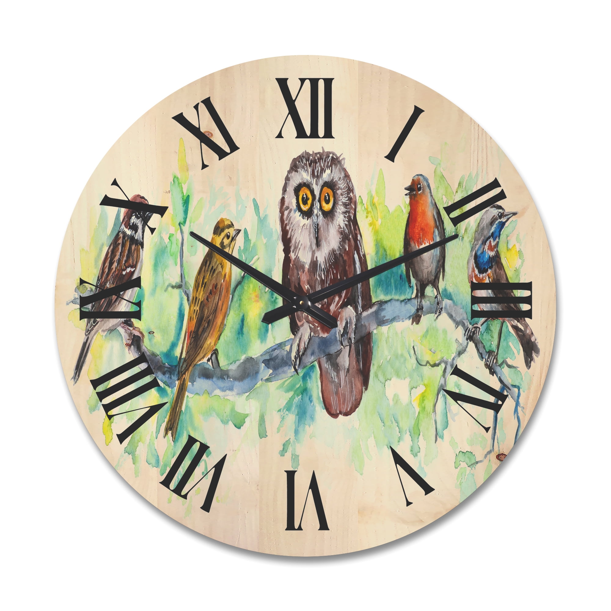Designart 'Bird Friends With Owl On A Branch' Traditional Wood Wall Clock
