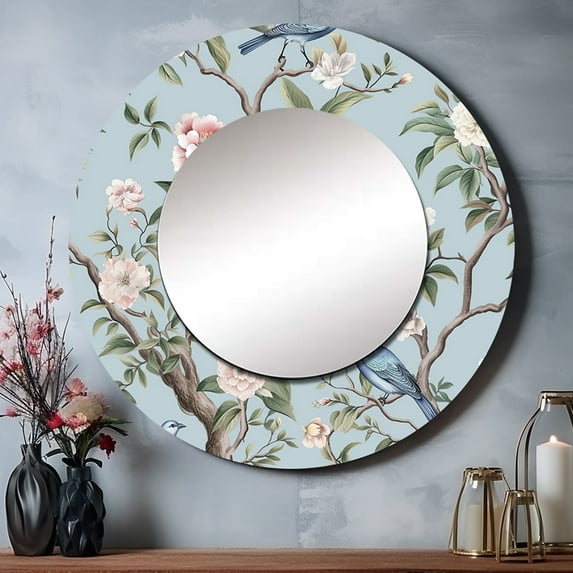 Designart "Bird in Minimalist Floral Setting I" Floral Rund Mirror For Wall Decor - Large Multi-Color Round Print Mirror - Round Cottage Mirror 29" x 29" Inch - Wall Mounted Round Large Mirror