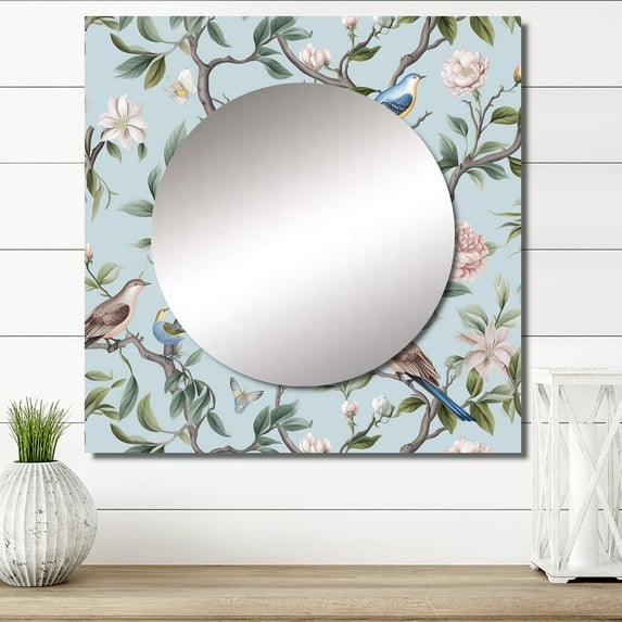 Designart "Bird in Minimalist Floral Setting VII" Floral Square Mirror Wall Decor Children's Art - Large Blue Square Bathroom Mirror - Square Printed Wall Mirror Art