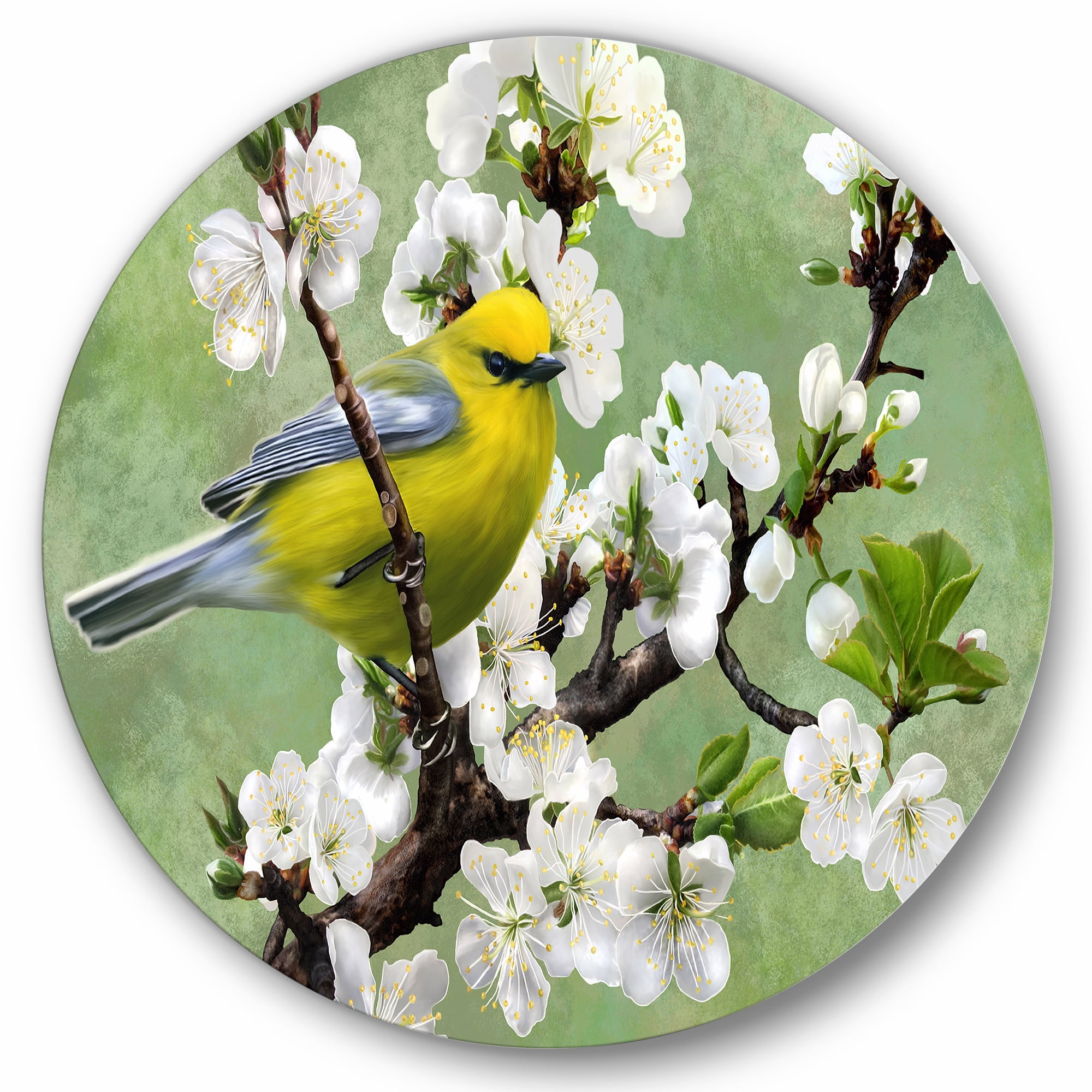 Designart 'Bird Sitting On A Branch of Cherry' Traditional Circle Metal Wall Art 29x29 - Disc of 29
