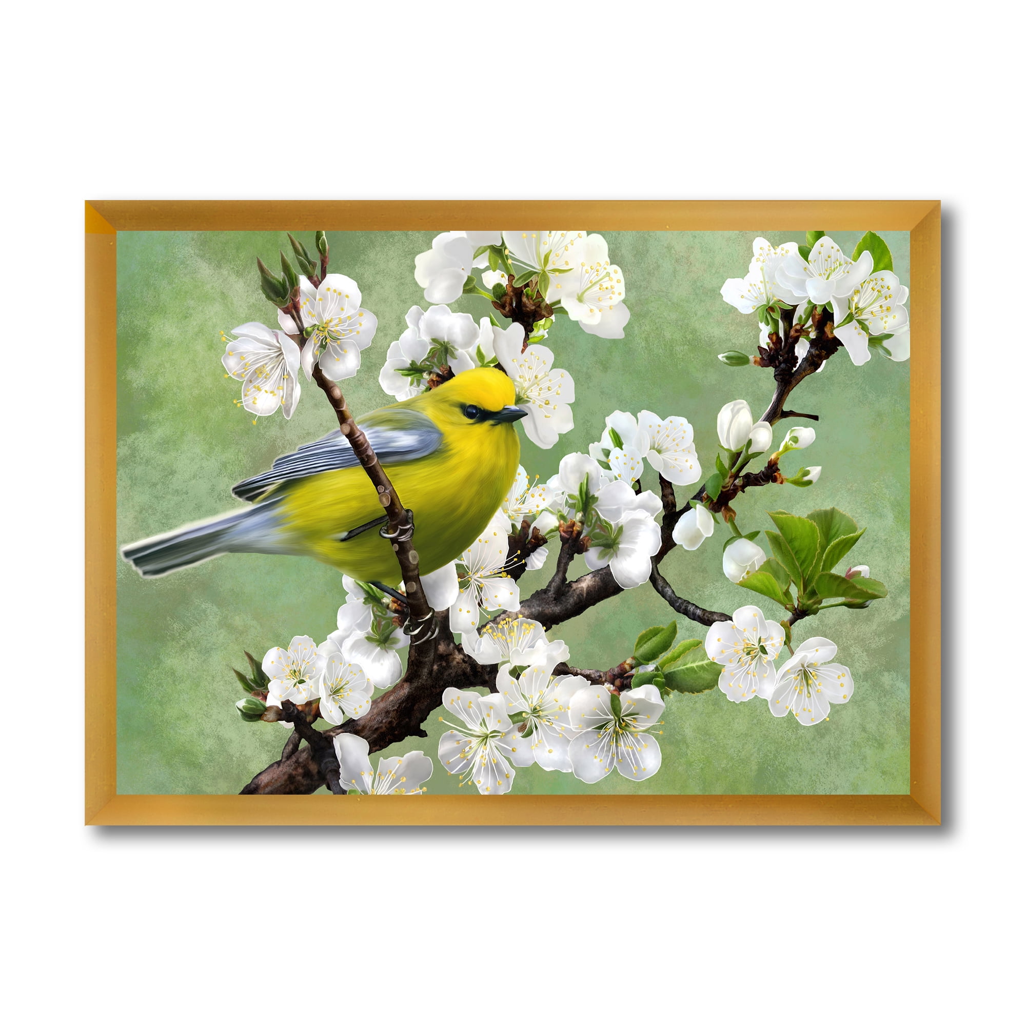 Designart 'Bird Sitting On A Branch of Cherry' Traditional Framed Art Print