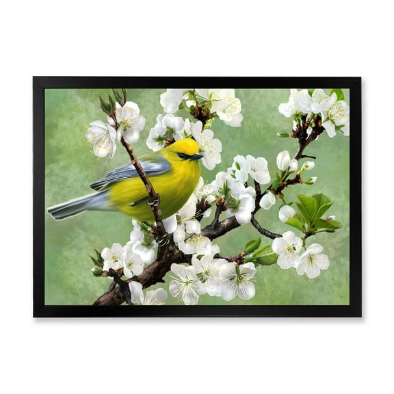 Designart 'Bird Sitting On A Branch of Cherry' Traditional Framed Art Print