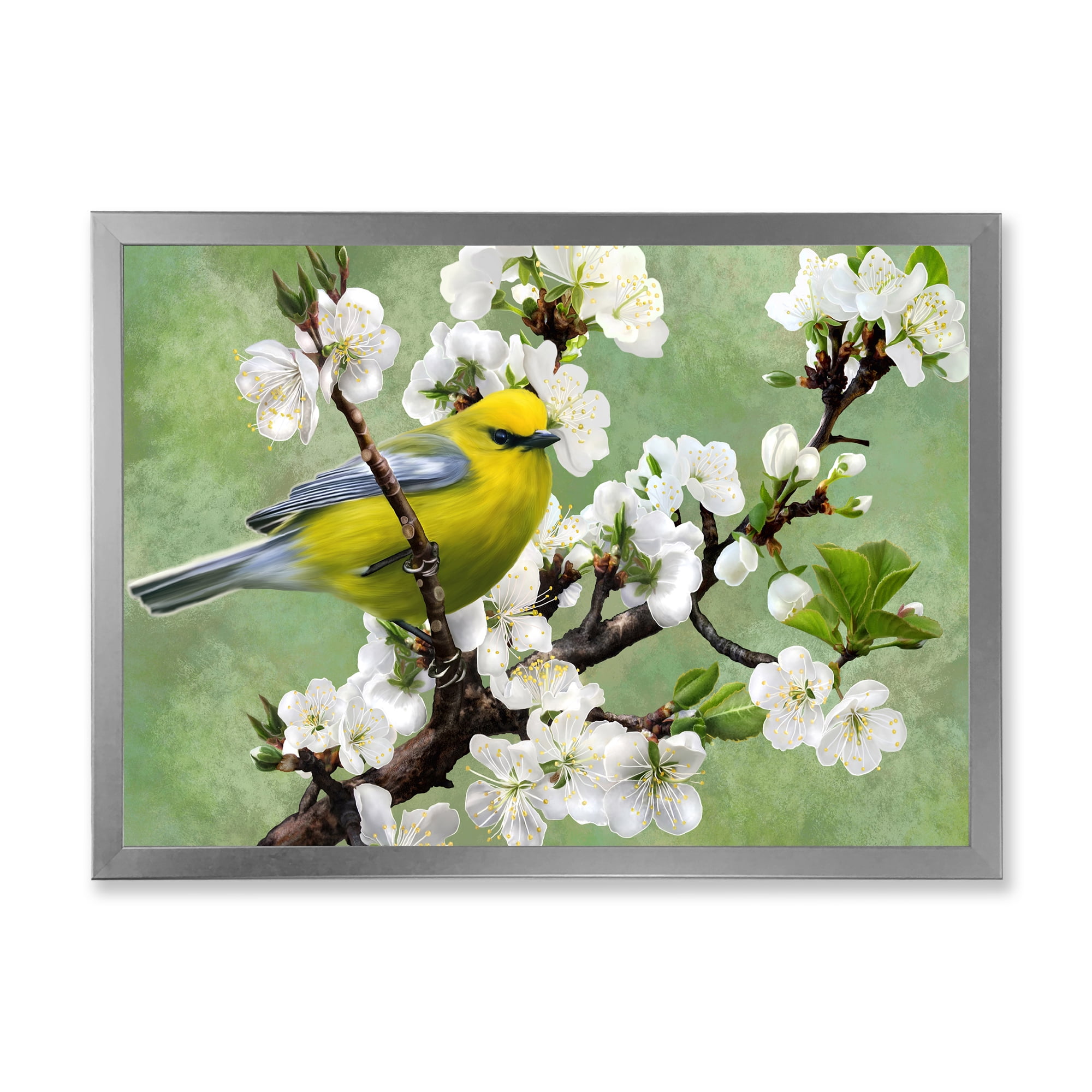 Designart 'Bird Sitting On A Branch of Cherry' Traditional Framed Art Print
