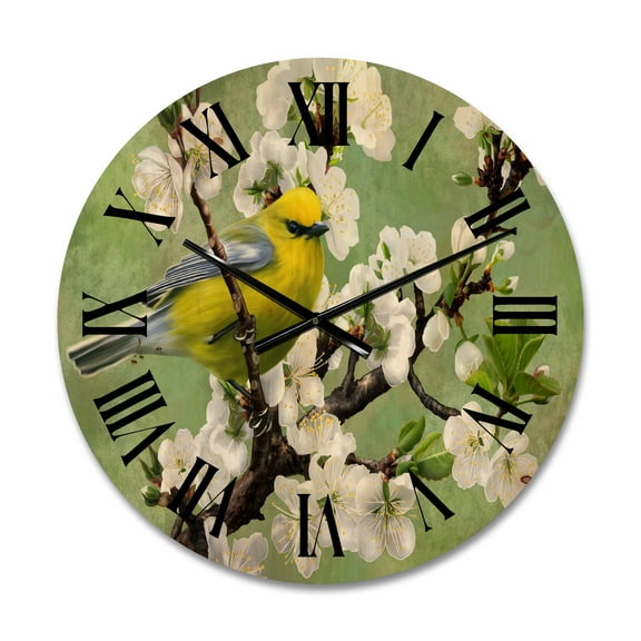 Designart 'Bird Sitting On A Branch of Cherry' Traditional Wood Wall Clock