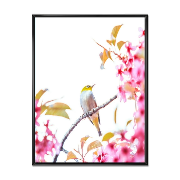 Designart 'Bird Sitting On Cherry Blossom' Traditional Framed Canvas Wall Art Print