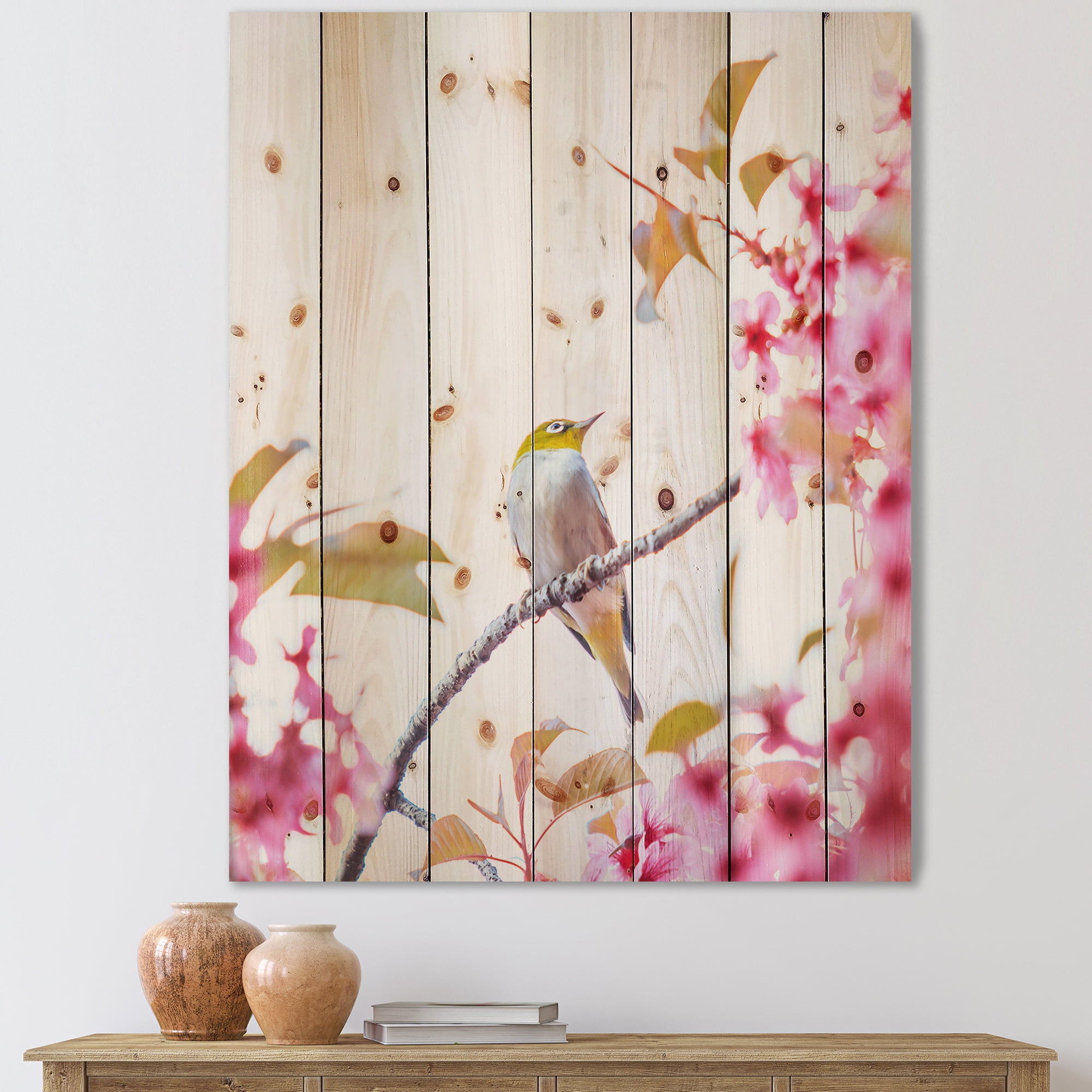 Designart 'Bird Sitting On Cherry Blossom' Traditional Print on Natural Pine Wood