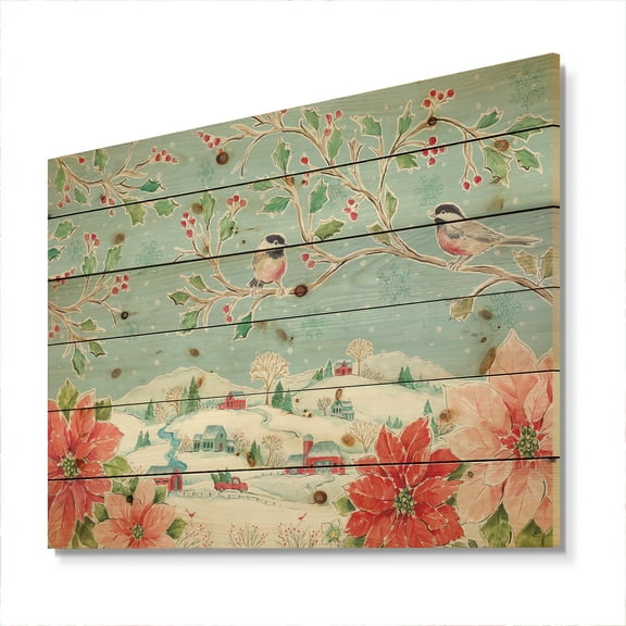 Designart 'Bird Sitting On Flower Branch in Winter' Farmhouse Print on Natural Pine Wood