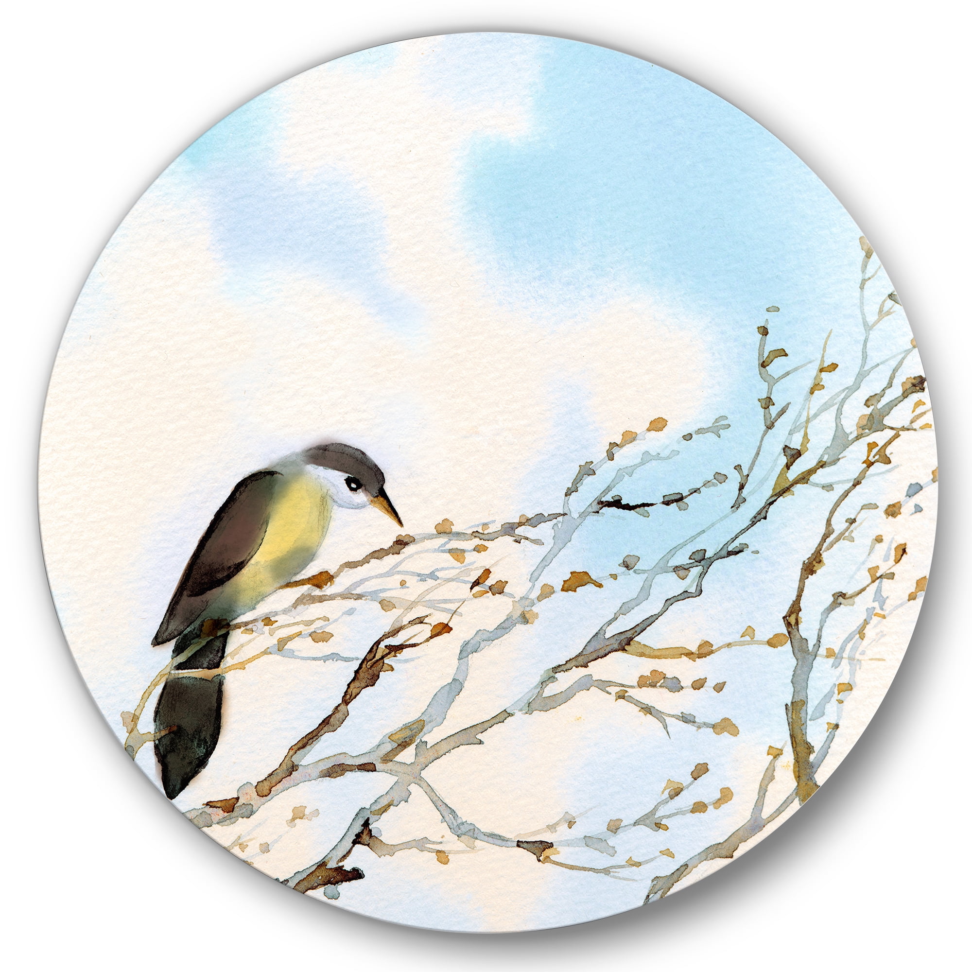 Designart 'Bird Sitting On Old Bare Tree With Blue Cloudy Sky' Traditional Circle Metal Wall Art 29x29 - Disc of 29