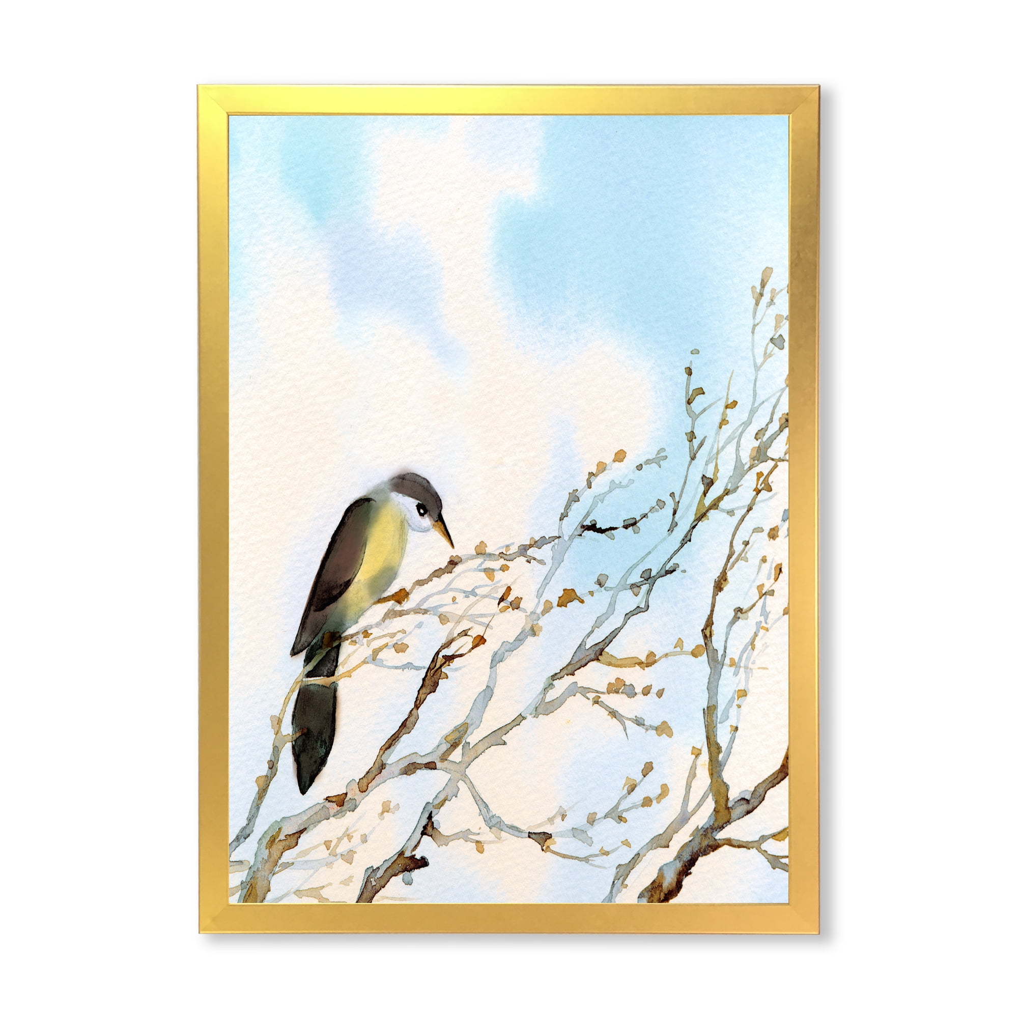 Designart 'Bird Sitting On Old Bare Tree With Blue Cloudy Sky' Traditional Framed Art Print