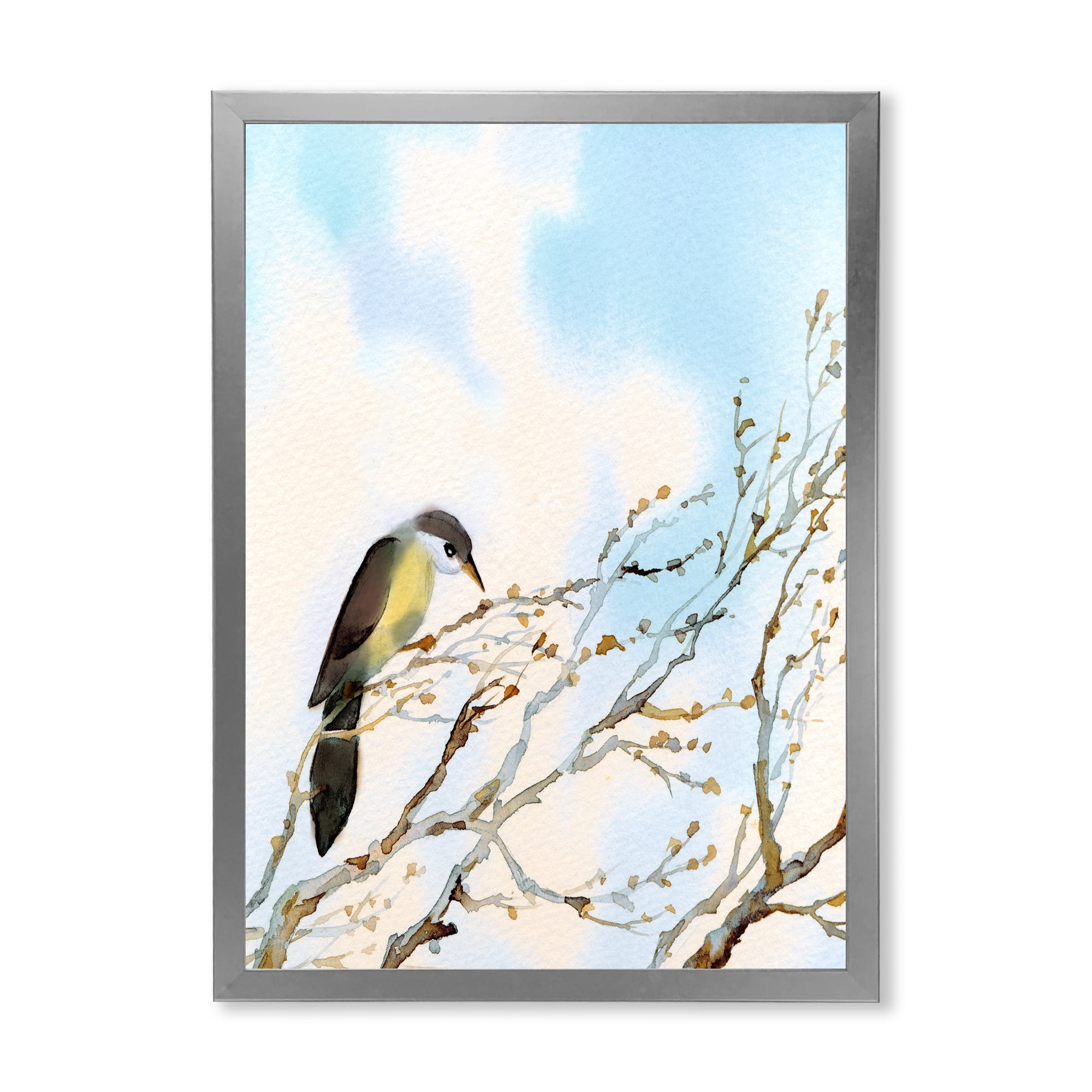 Designart 'Bird Sitting On Old Bare Tree With Blue Cloudy Sky' Traditional Framed Art Print
