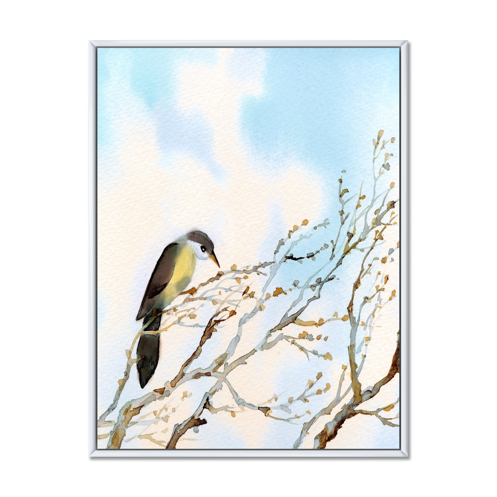 Designart 'Bird Sitting On Old Bare Tree With Blue Cloudy Sky' Traditional Framed Canvas Wall Art Print