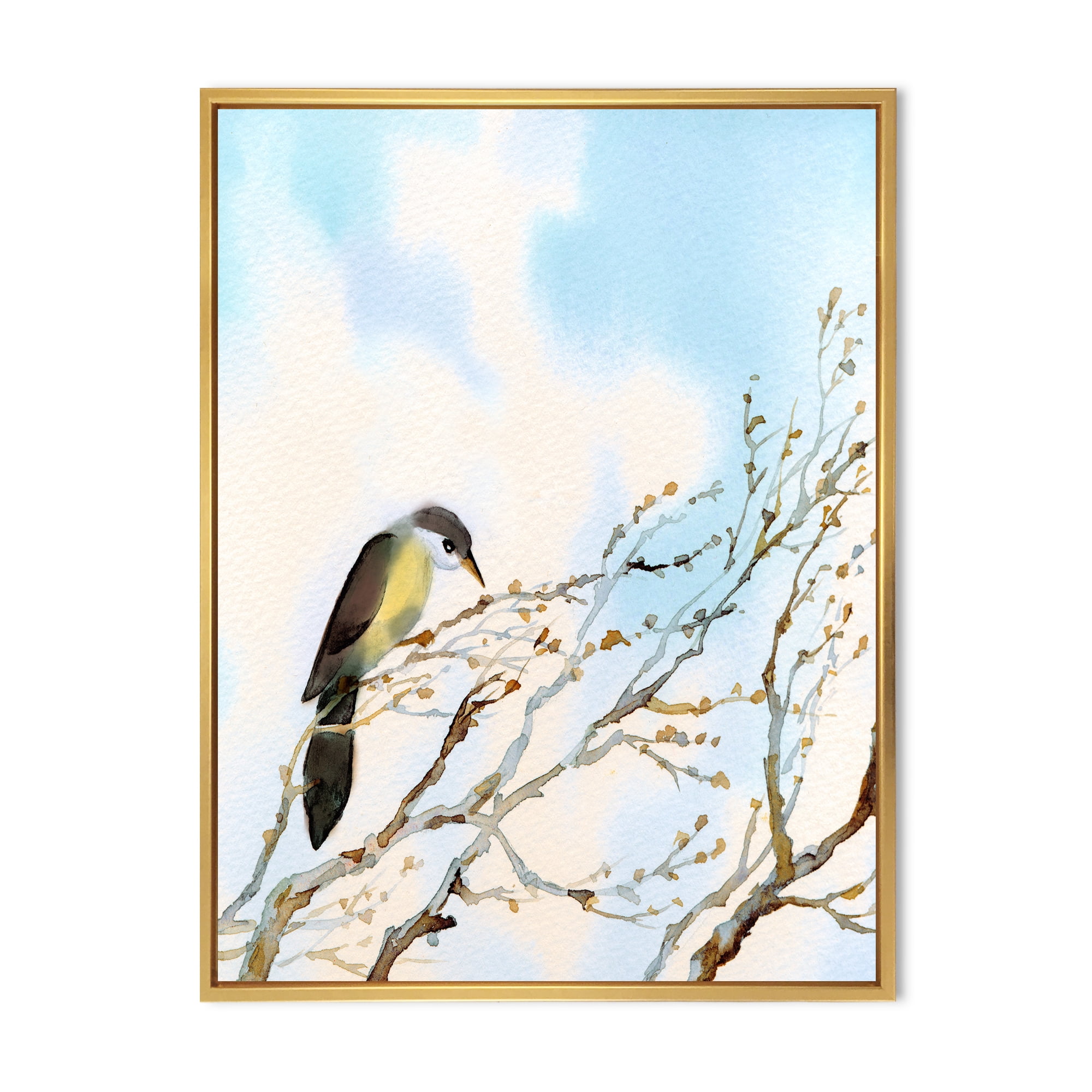 Designart 'Bird Sitting On Old Bare Tree With Blue Cloudy Sky' Traditional Framed Canvas Wall Art Print