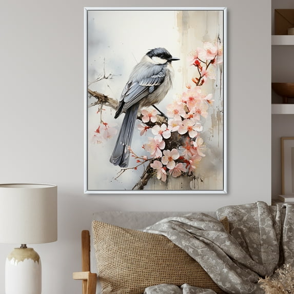 Designart "Bird Sumi Asian beauty I" Asian Floater Framed Canvas Wall Art