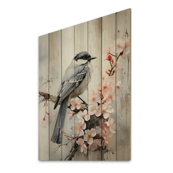 Designart "Bird Sumi Asian beauty I" Asian Print on Natural Pine Wood