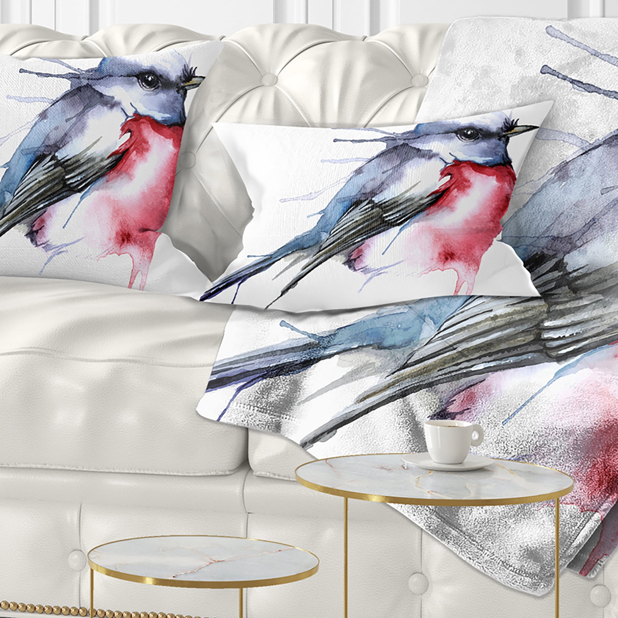 Designart Bird in Blue and Red - Watercolor Animal Throw Pillow - 12x20