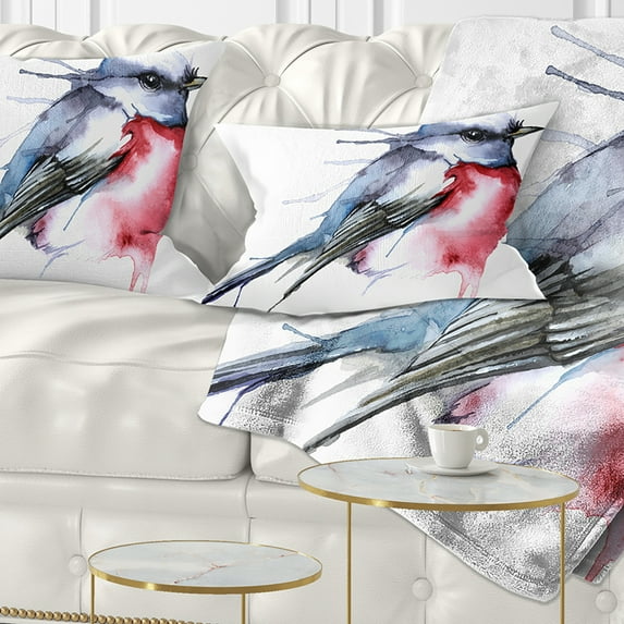 Designart Bird in Blue and Red - Watercolor Animal Throw Pillow - 12x20