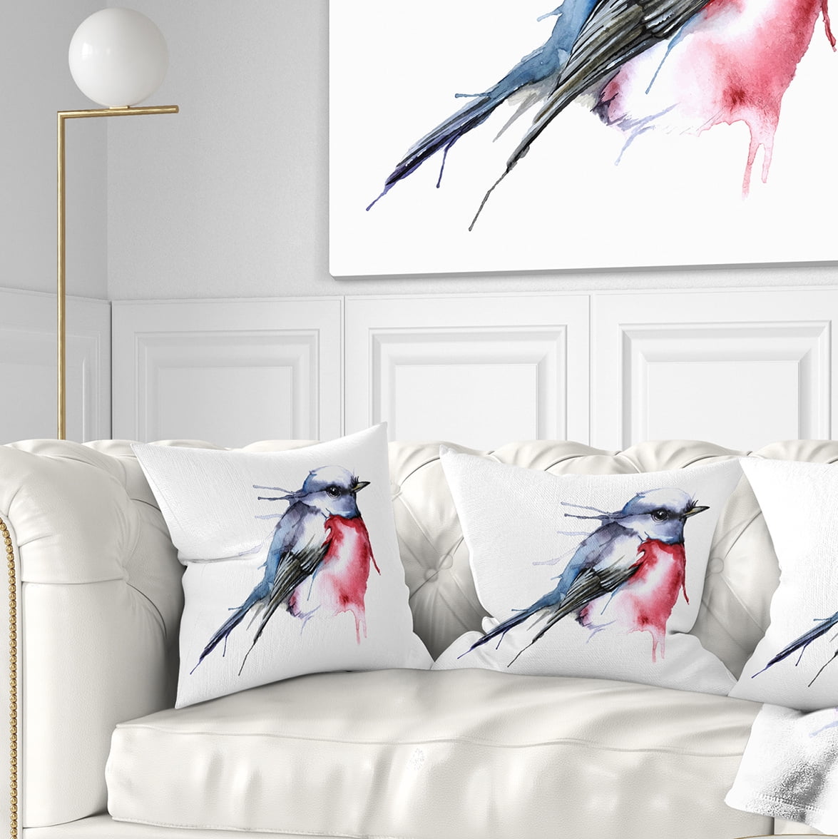 Designart Bird in Blue and Red - Watercolor Animal Throw Pillow - 18x18