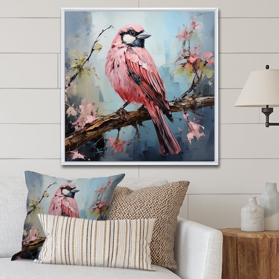 Designart "Bird in Floral Tree Harmony Blue and Pink" Animals Framed Wall Art - Traditional Pink Bird Entryway Framed Wall Art Print