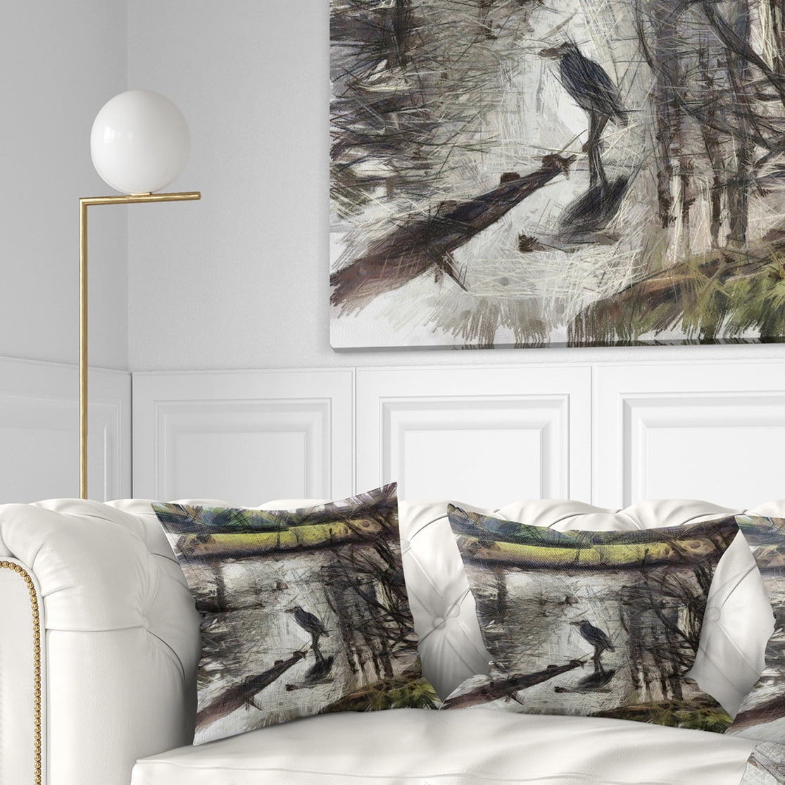 Designart Bird in National Park Watercolor - Landscape Printed Throw Pillow - 16x16