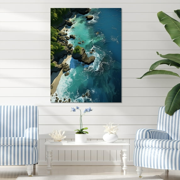 Designart "Bird's Eye View of a Tropical Island II" Coastal Canvas Wall Art - Coastal Grey Coastal Beach Bedroom Canvas Wall Art