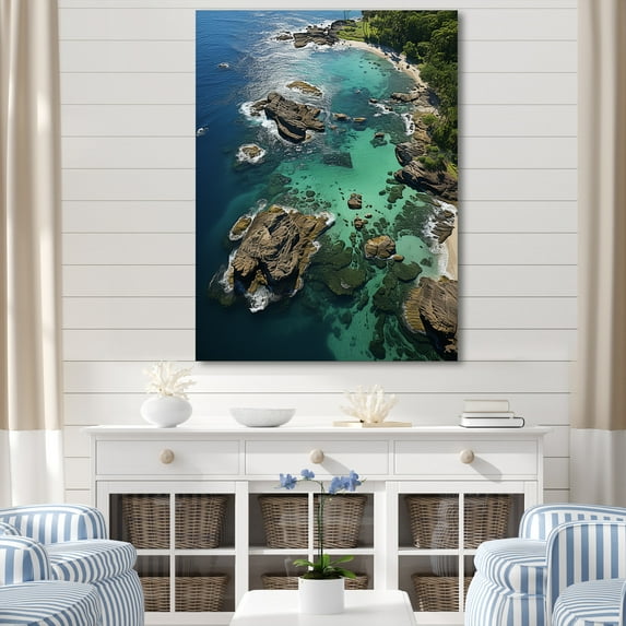 Designart "Bird's Eye View of a Tropical Island III" Coastal Canvas Wall Art - Coastal Grey Coastal Beach Entryway Wall Art Print